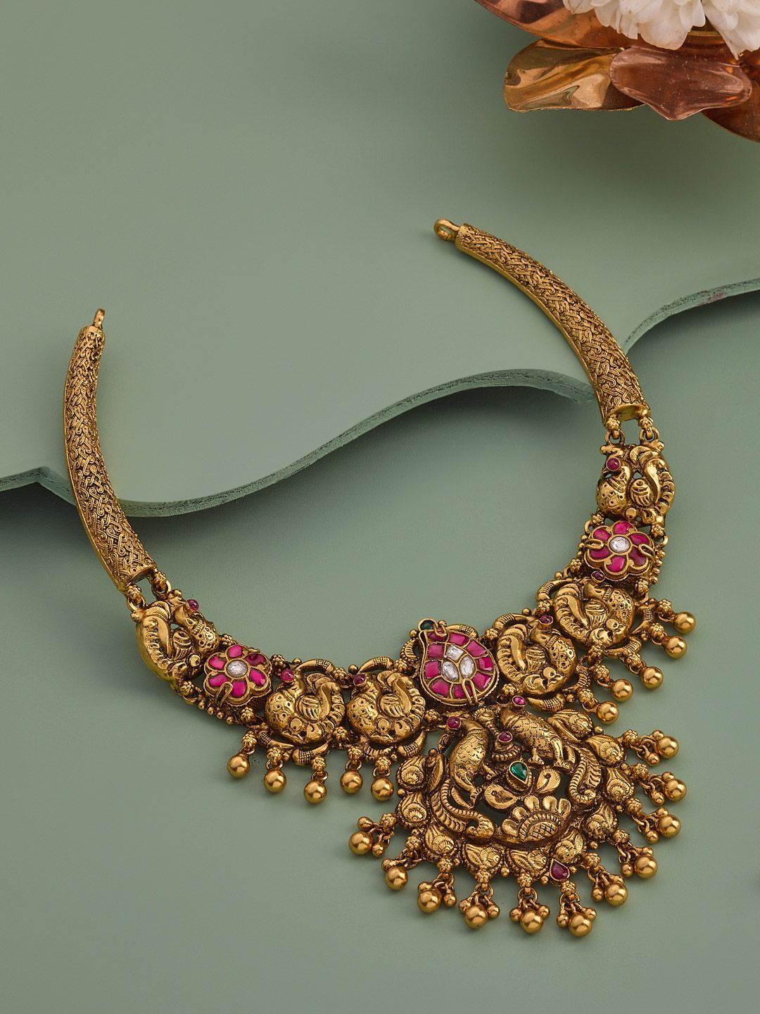 Kushal's Fashion Jewellery 92.5 Pure Silver Gold-Plated Stone Studded Temple Necklace-picture-16