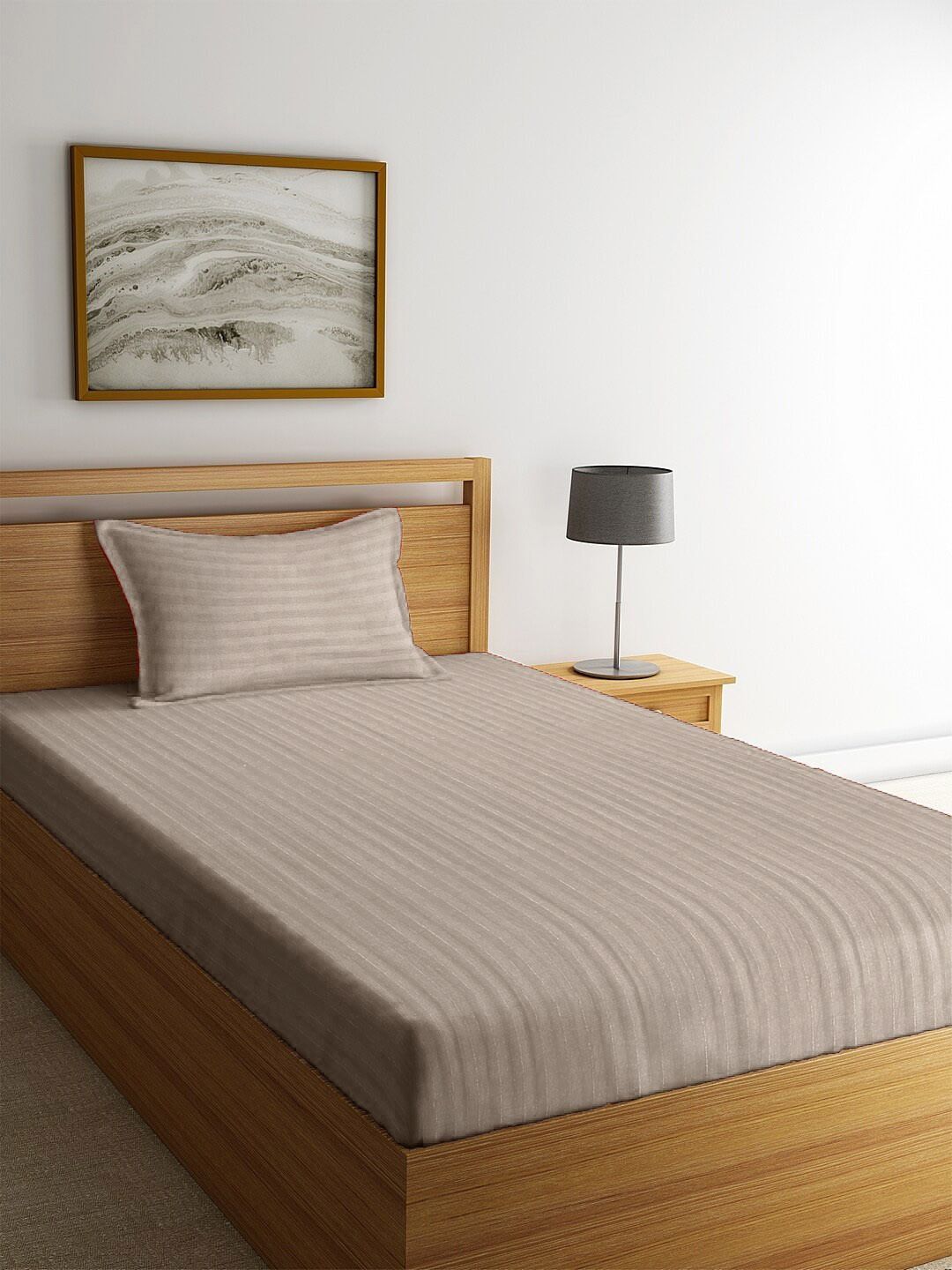 WEAVE AND DECOR Beige Striped 300 TC Single Bedsheet with 1 Pillow Covers-picture-13