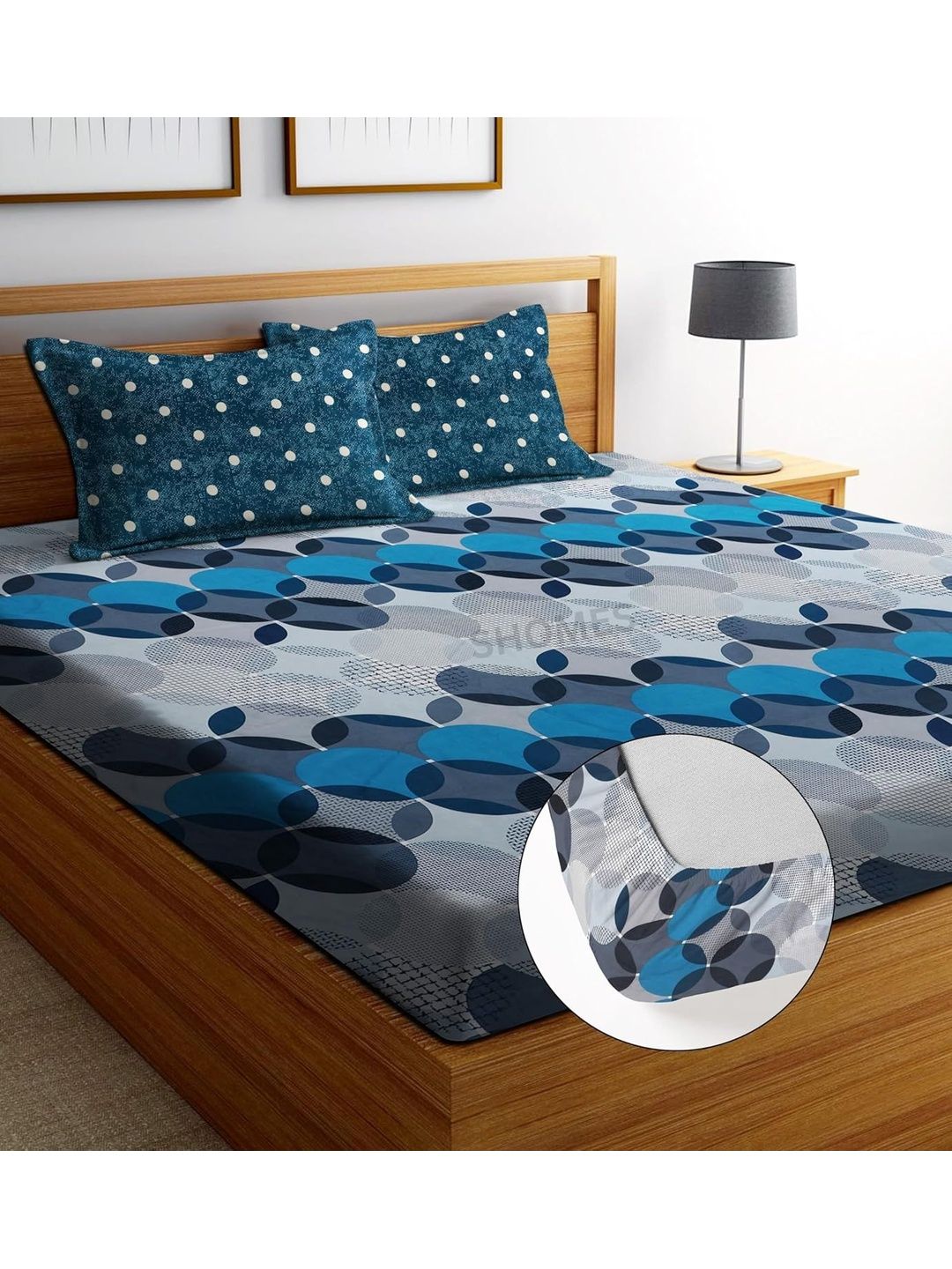 SHOMES Blue & Blue Geometric 220 TC King Bedsheet with 2 Pillow Covers-picture-52