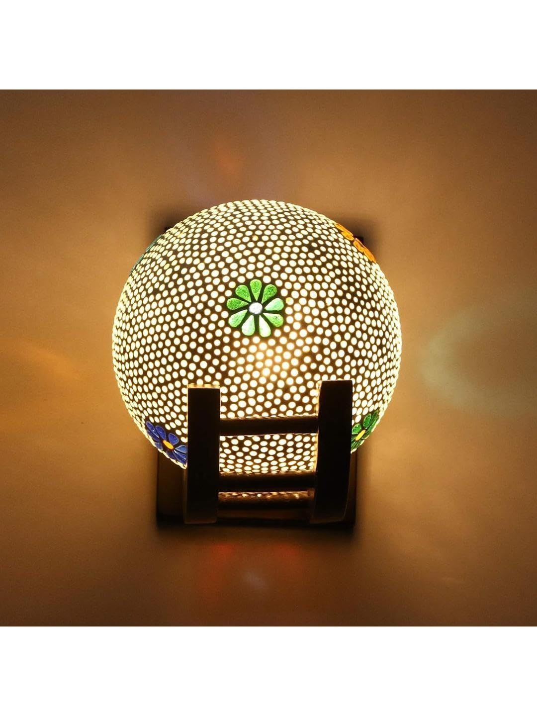 1ST TIME Multicoloured & White Printed Wood Traditional Spherical Shaped Wall Lamp-picture-48
