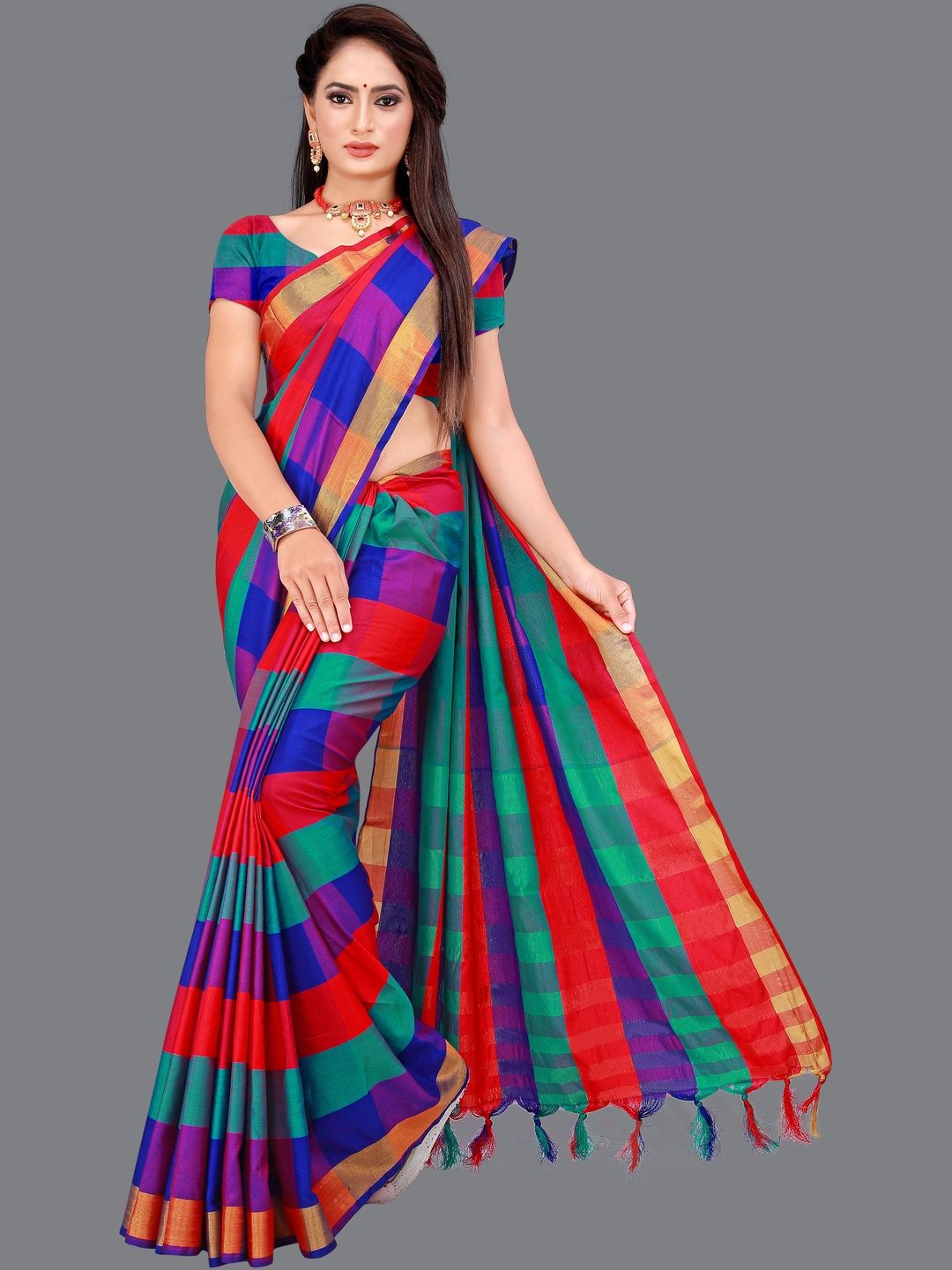 SHAIBO SAREE Checked Silk Cotton Handloom Uppada Saree-picture-22