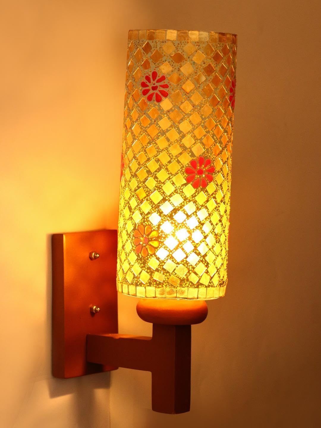 1ST TIME Gold-Toned & Brown Textured Wood Traditional Cylinder Shaped Wall Lamp-picture-34