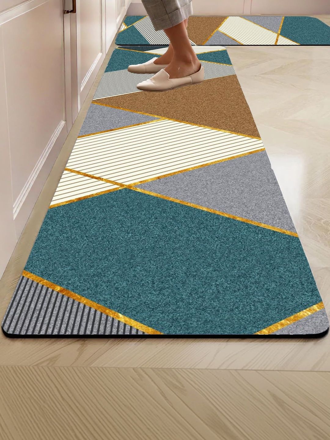 Deoxys 2-Pcs Blue & Beige Printed Anti-Skid Floor Mats & Dhurries-image-39