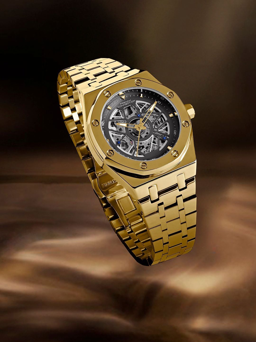 French Connection Men Skeleton Dial & Stainless Steel Bracelet Style Straps Analogue Automatic Motion Watch-picture-19