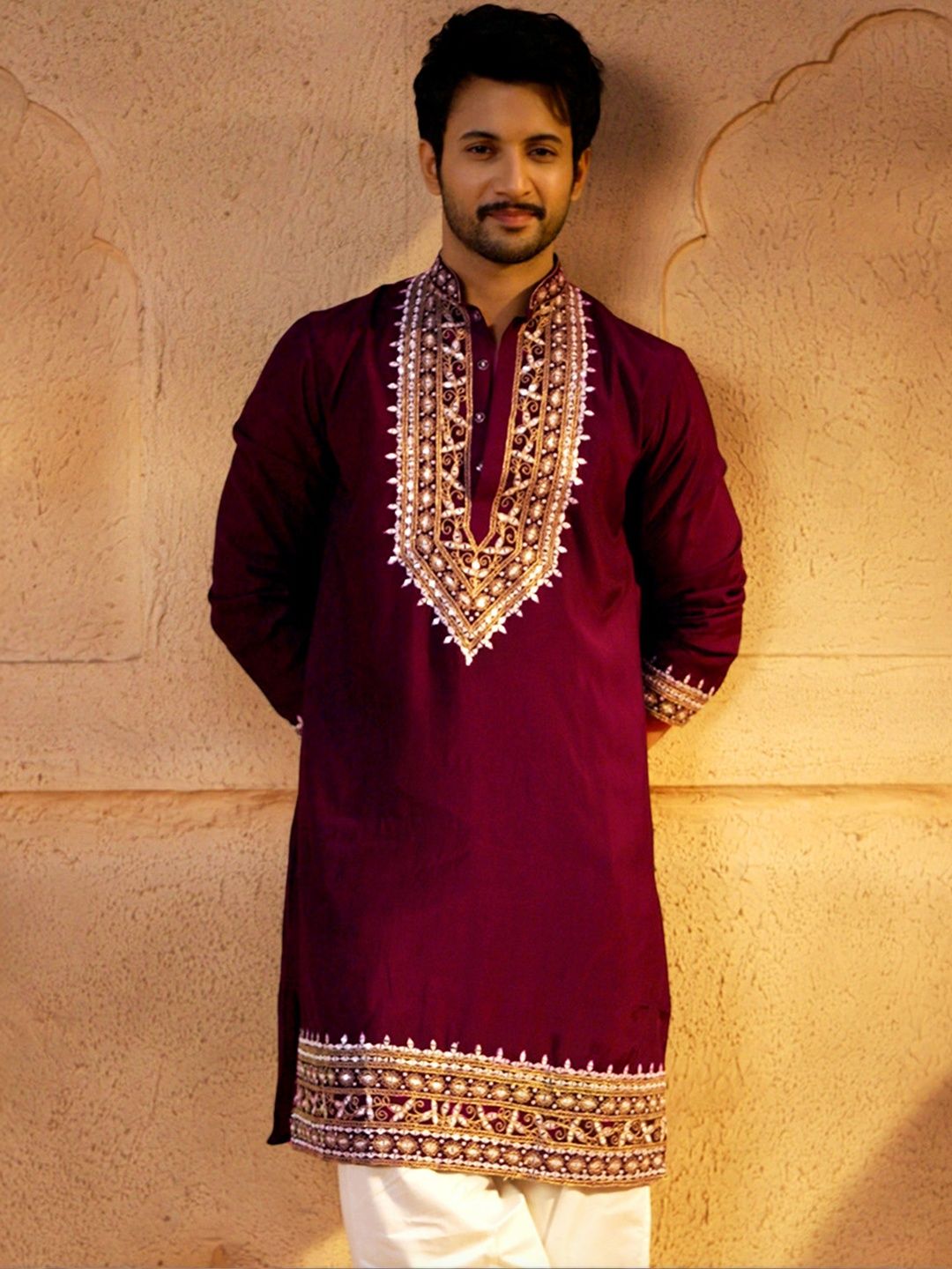 VASTRAMAY Men Geometric Embroidered Thread Work Chanderi Silk Kurta-picture-27