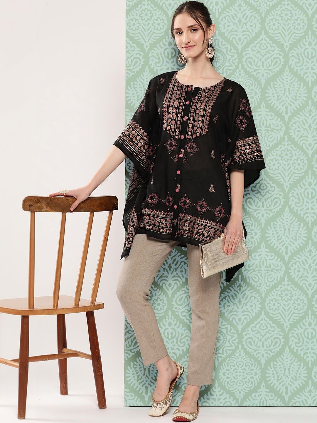 Yufta Embellished Embroidered Batwing Sleeve Ethnic Cotton Kaftan Top-picture-13