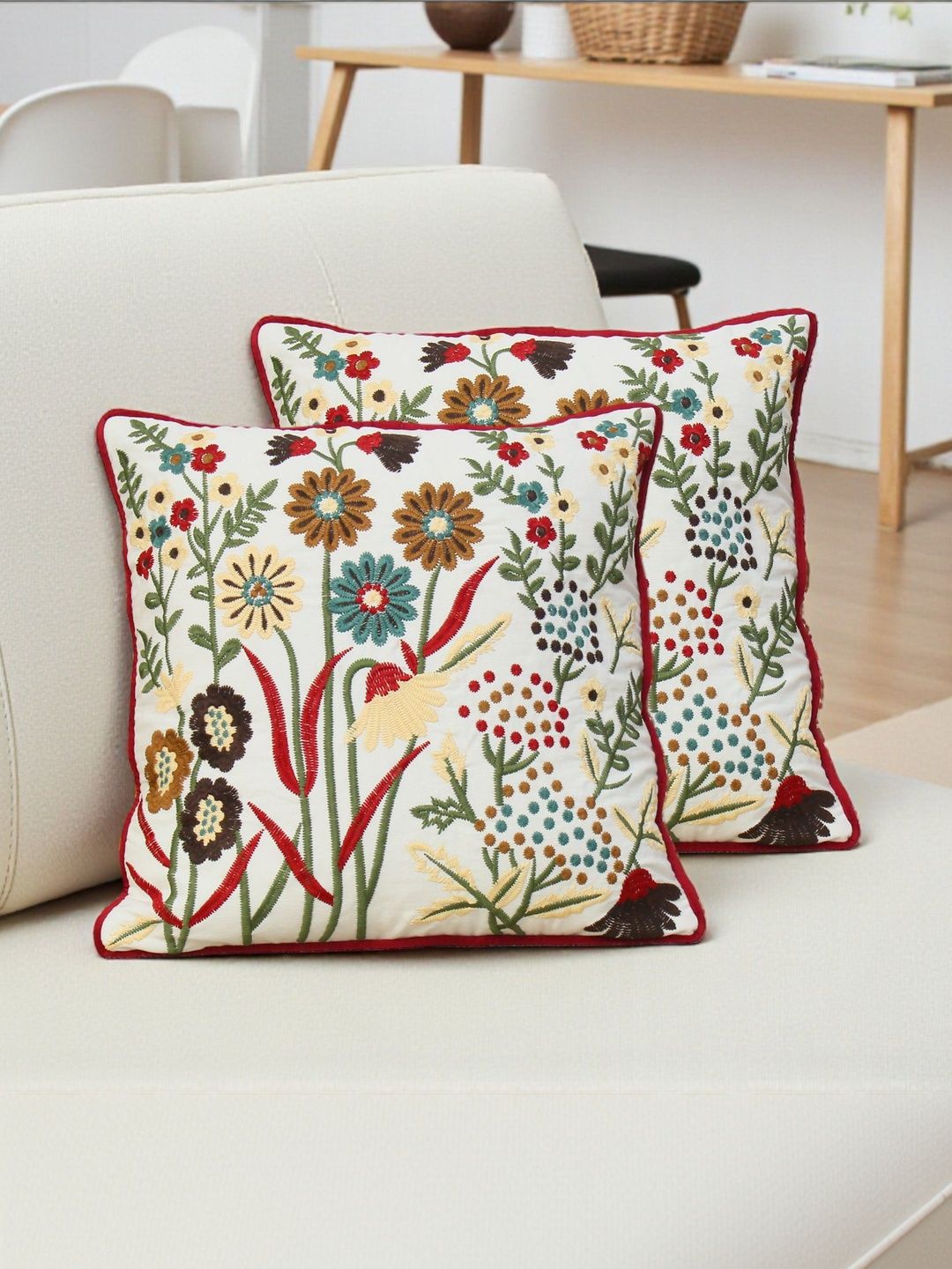 eyda White & Green Set of 2 Floral Square Cushion Covers-picture-24