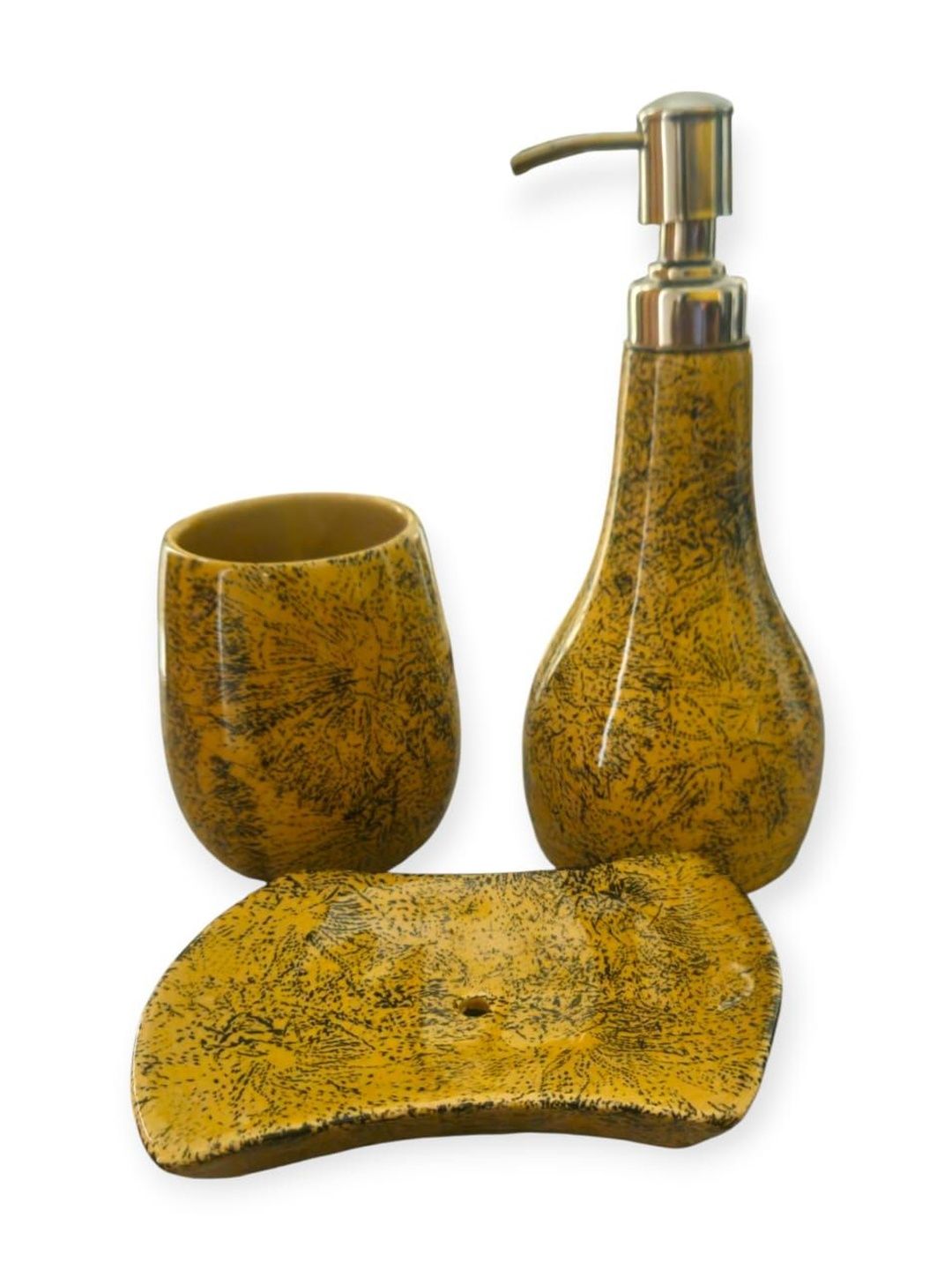 Artisans Bazar Brown & Yellow 3 piece Abstract Ceramic Bath Accessories Set-image-20