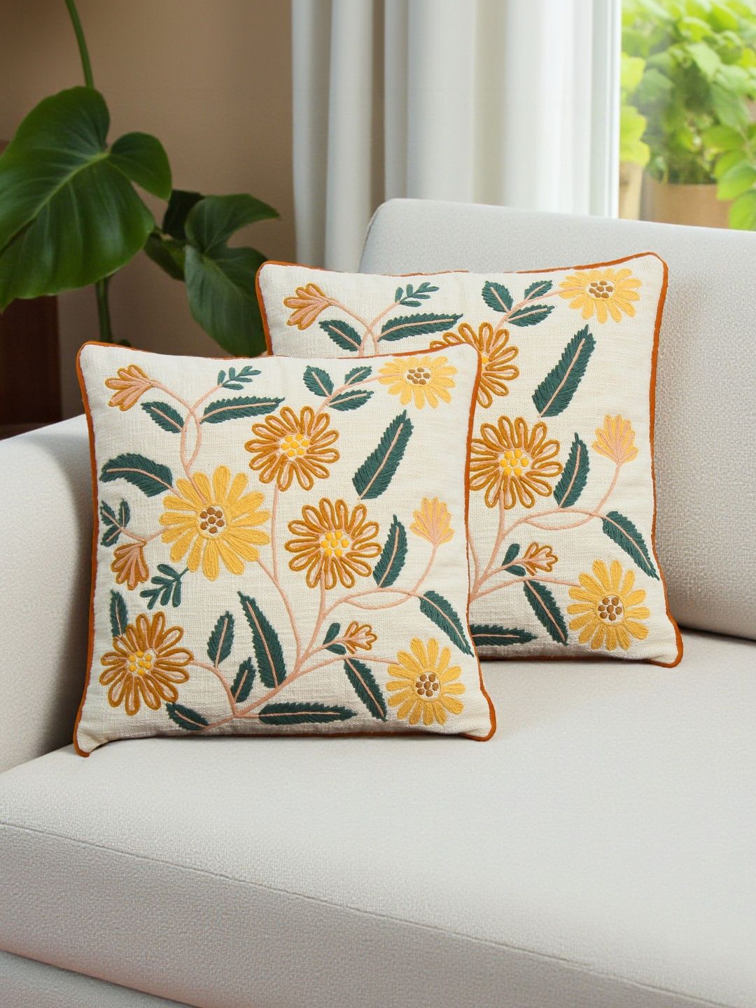 eyda White & Green Set of 2 Floral Square Cushion Covers-picture-22