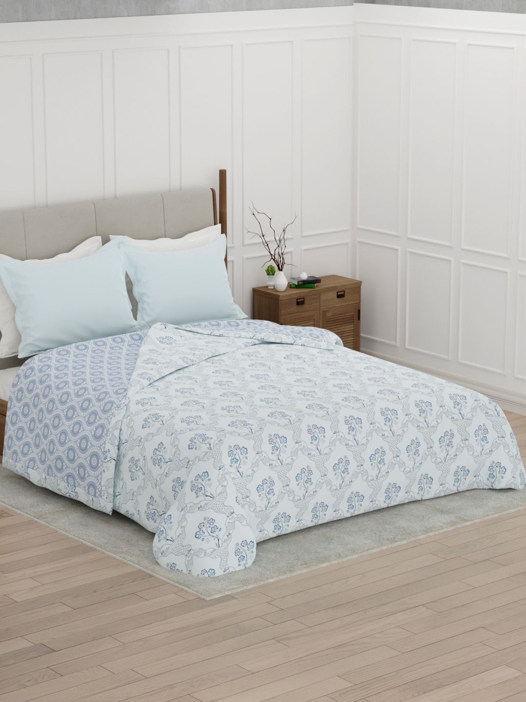 Raymond Home White & Blue Floral Mild Winter 180 GSM Cotton Dohar