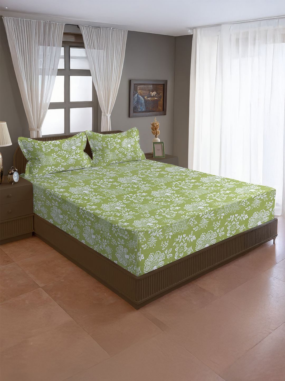 SWAYAM Green & White Floral 210 TC Bedsheet with 2 Pillow Covers-picture-37