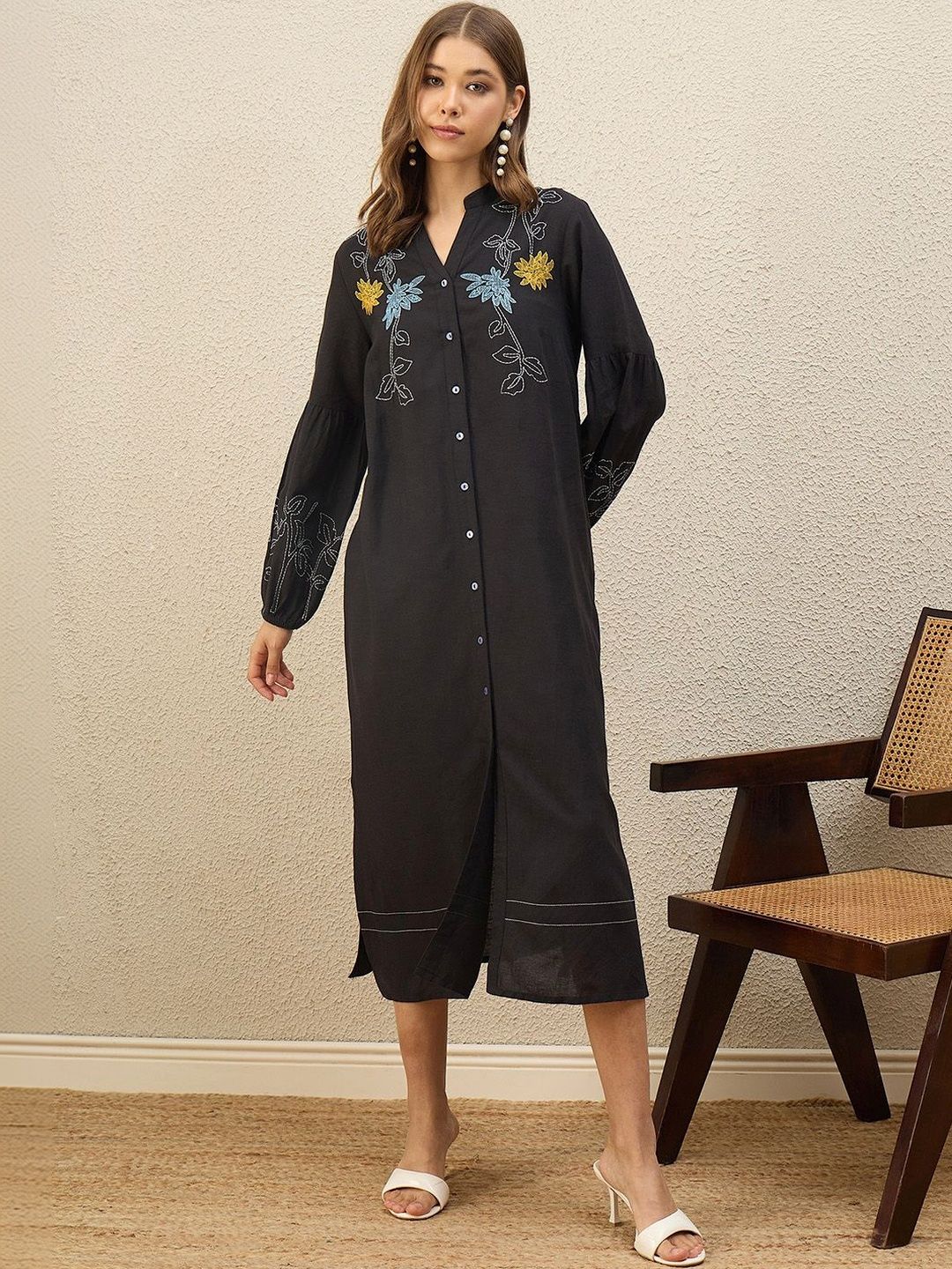 ZUMMER Floral Embroidered Puff Sleeve Shirt Midi Dress-picture-16