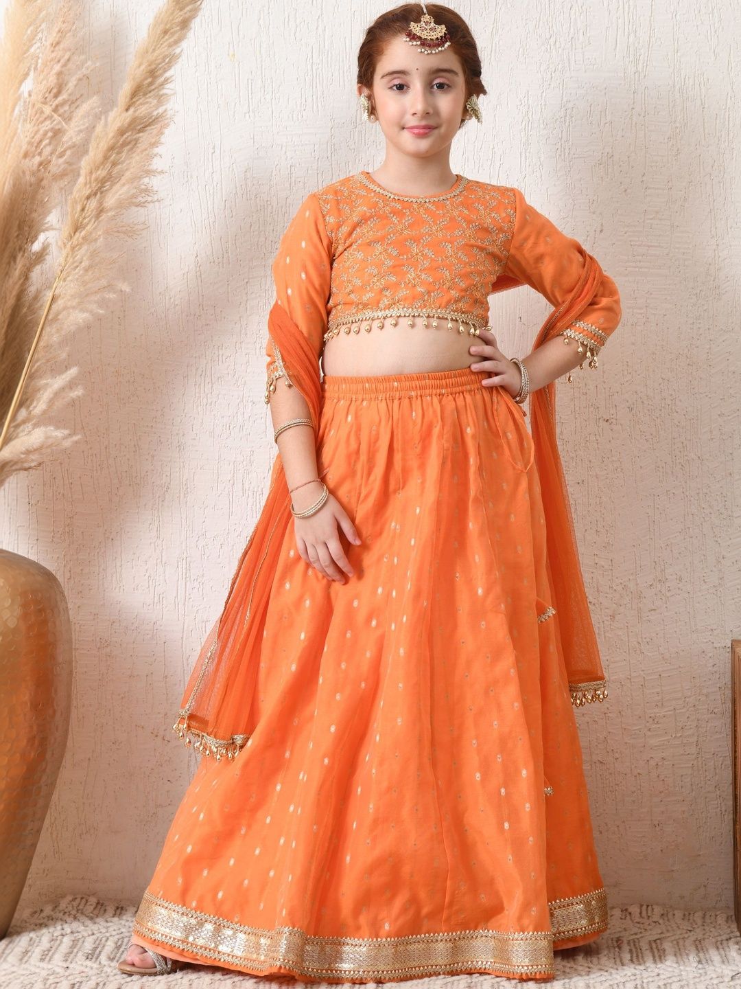 Indi-Loom Couture Girls Embroidered Thread Work Lehenga & Blouse With Dupatta-image-49