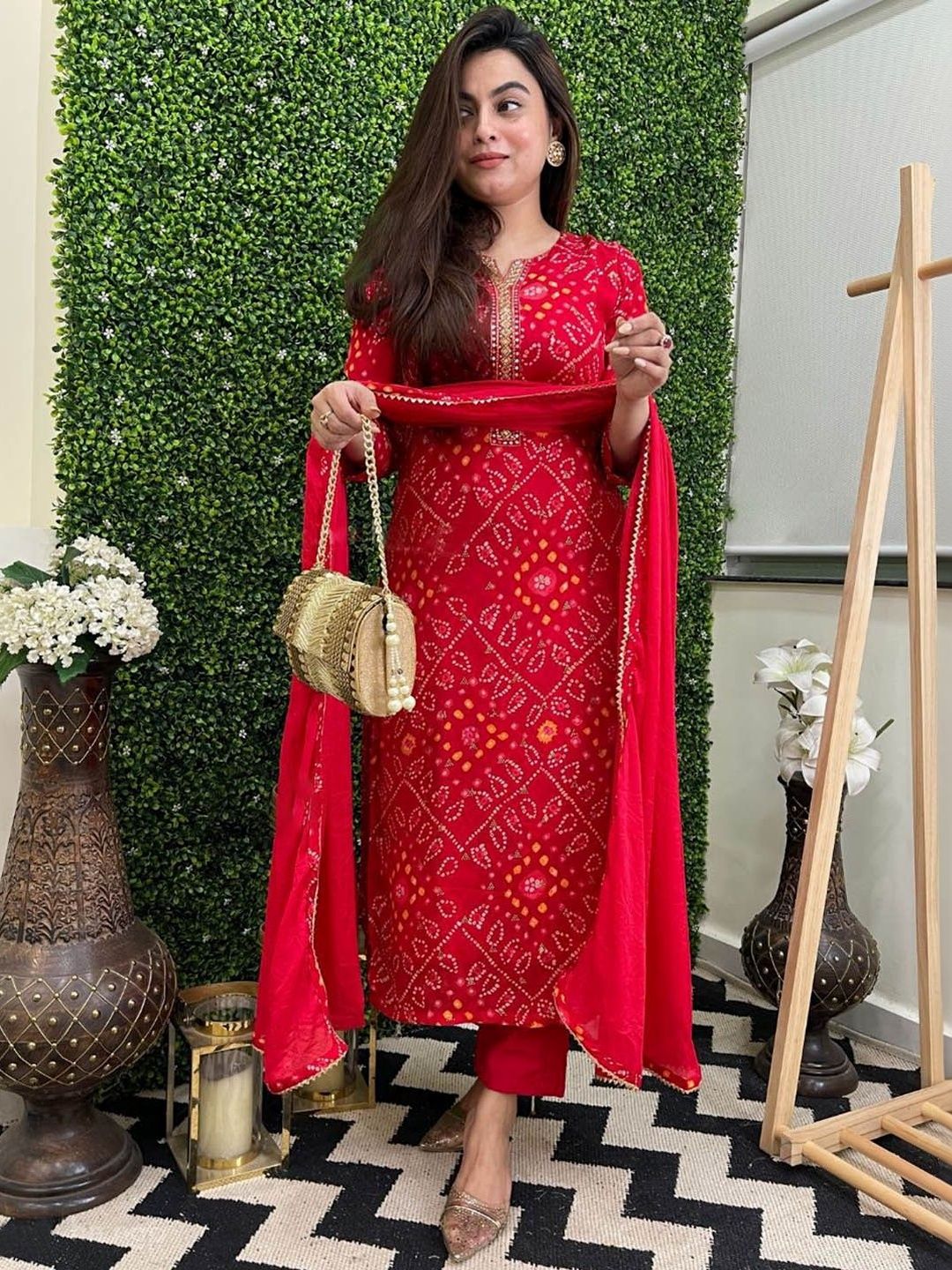 Moda Rapido Women Bandhani Printed Regular Thread Work Kurta with Trousers & With Dupatta-picture-29