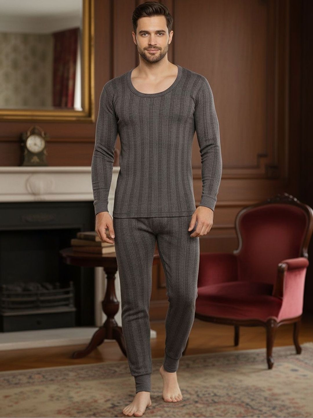 MACK JONNEY Men Round Neck Striped Breathable & Quick-Drying Thermal Set-picture-23