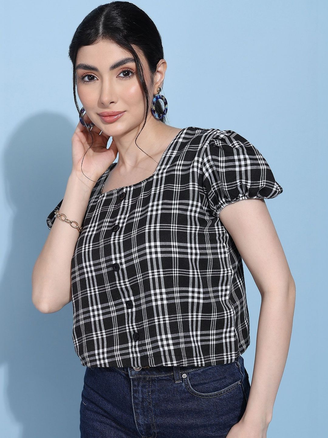 HERE&NOW Checked Puff Sleeve Top-picture-31