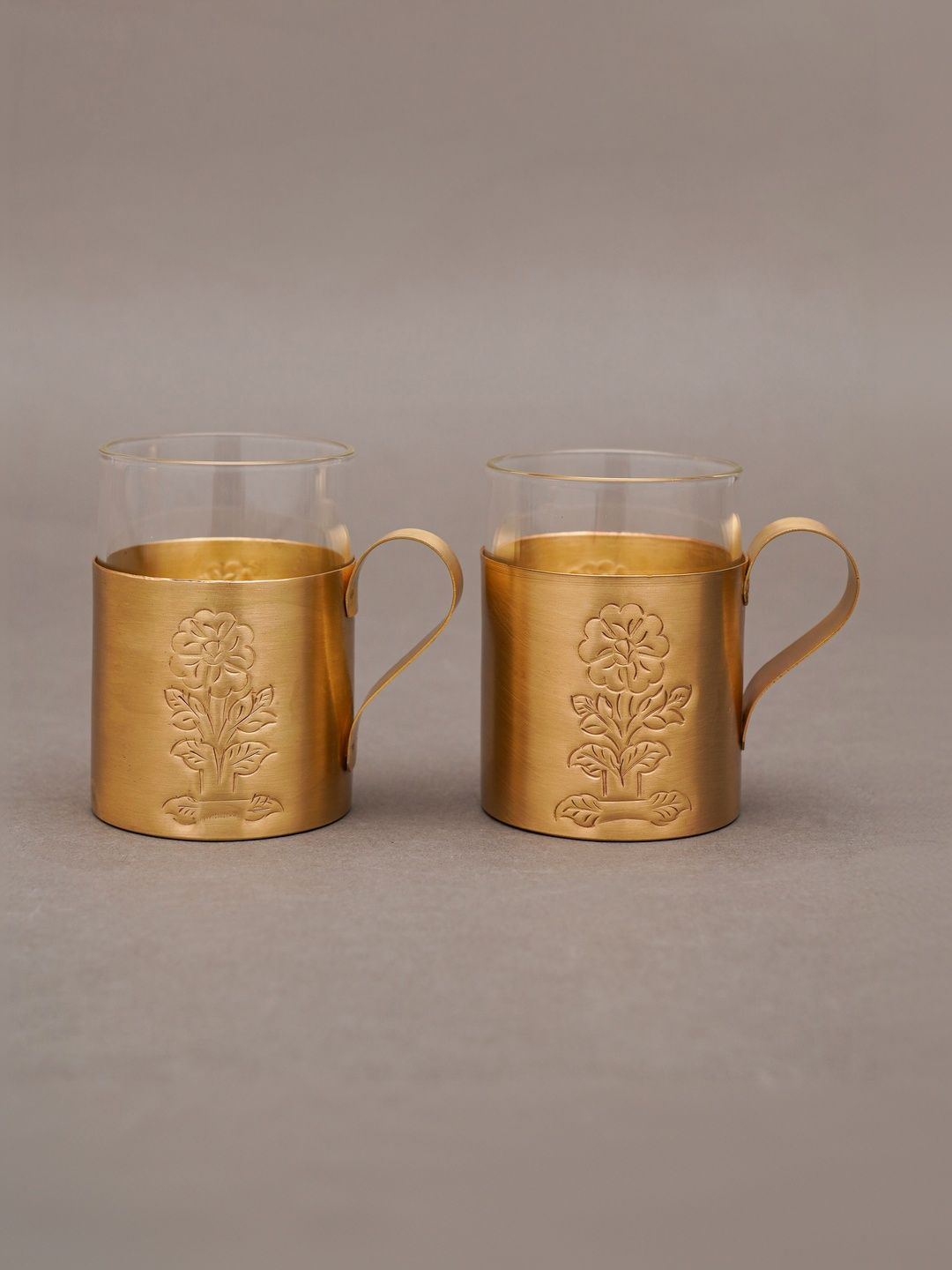 JAYPORE Gold-Toned & Gold-Toned Floral Brass Matte Mugs Set of Cups and Mugs-image-41