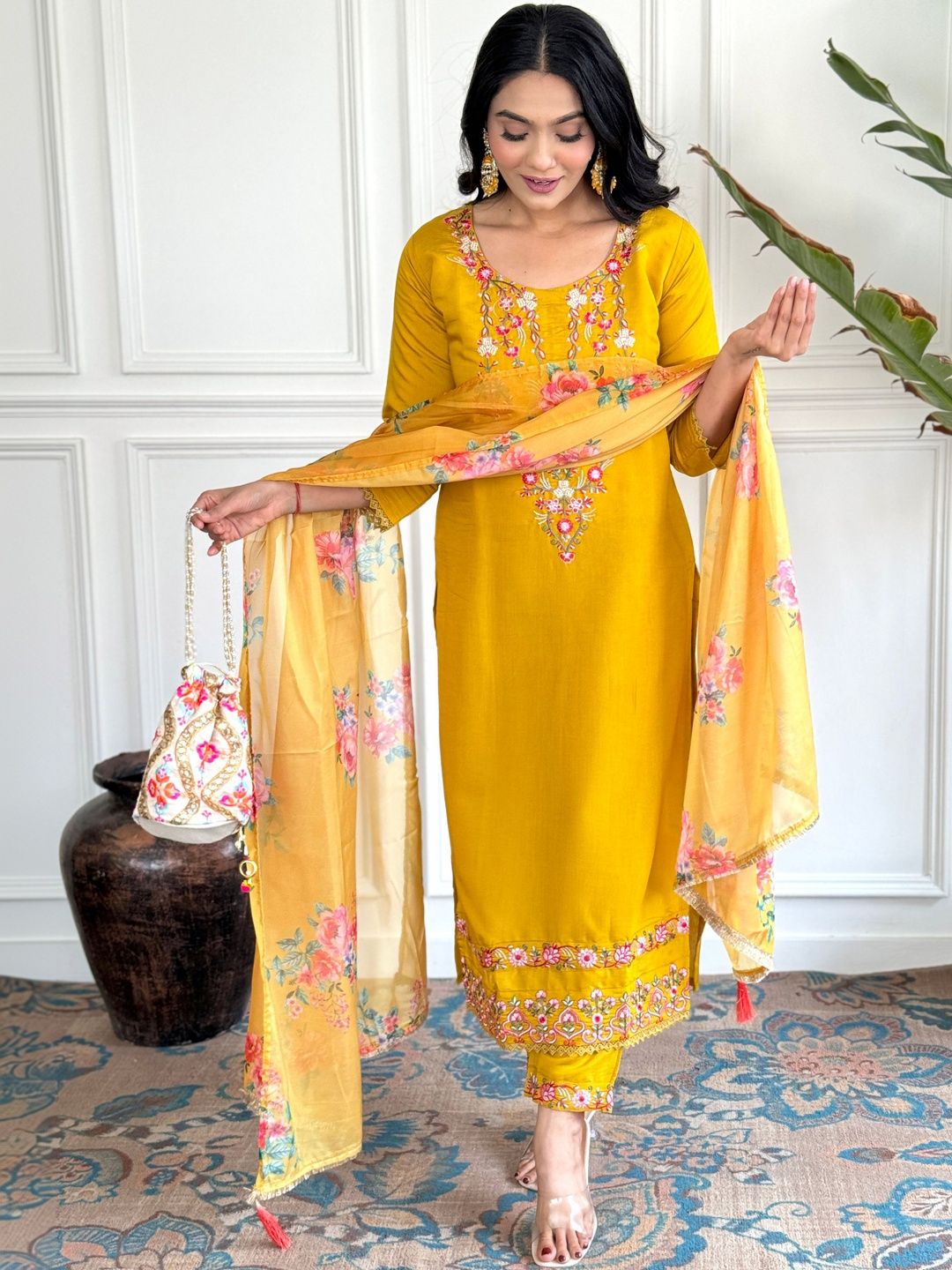 CaniBani Women Floral Embroidered Regular Thread Work Chanderi Silk Kurta with Salwar & With Dupatta-picture-38