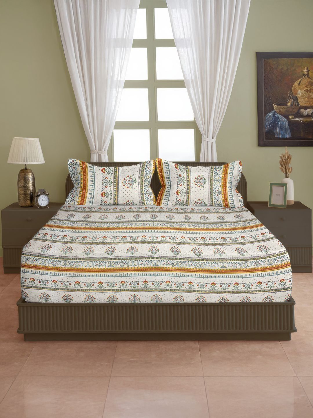 SWAYAM White & Green Floral 200 TC King Bedsheet with 2 Pillow Covers-picture-20