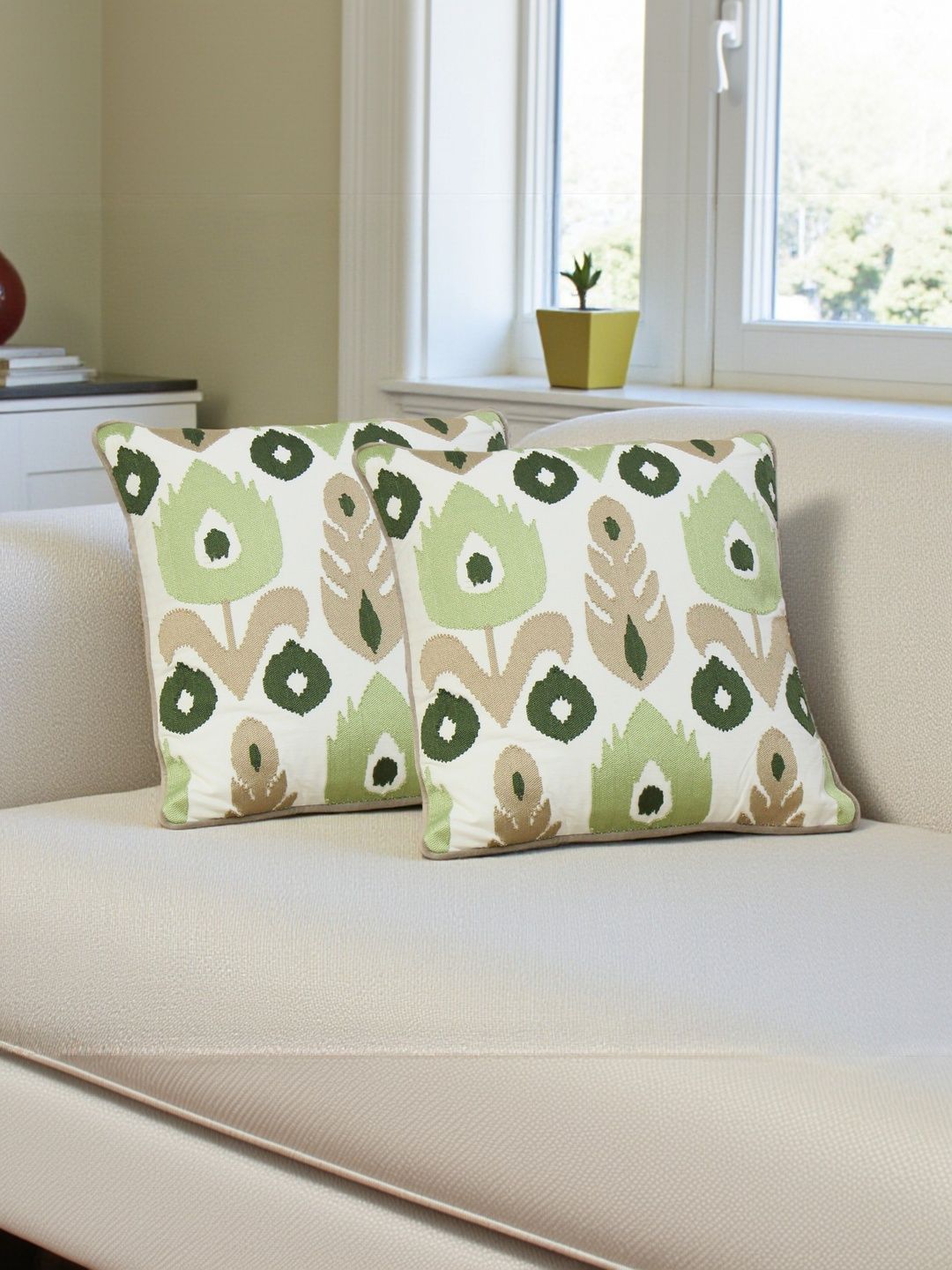 eyda White & Green Set of 2 Floral Square Cushion Covers-picture-21