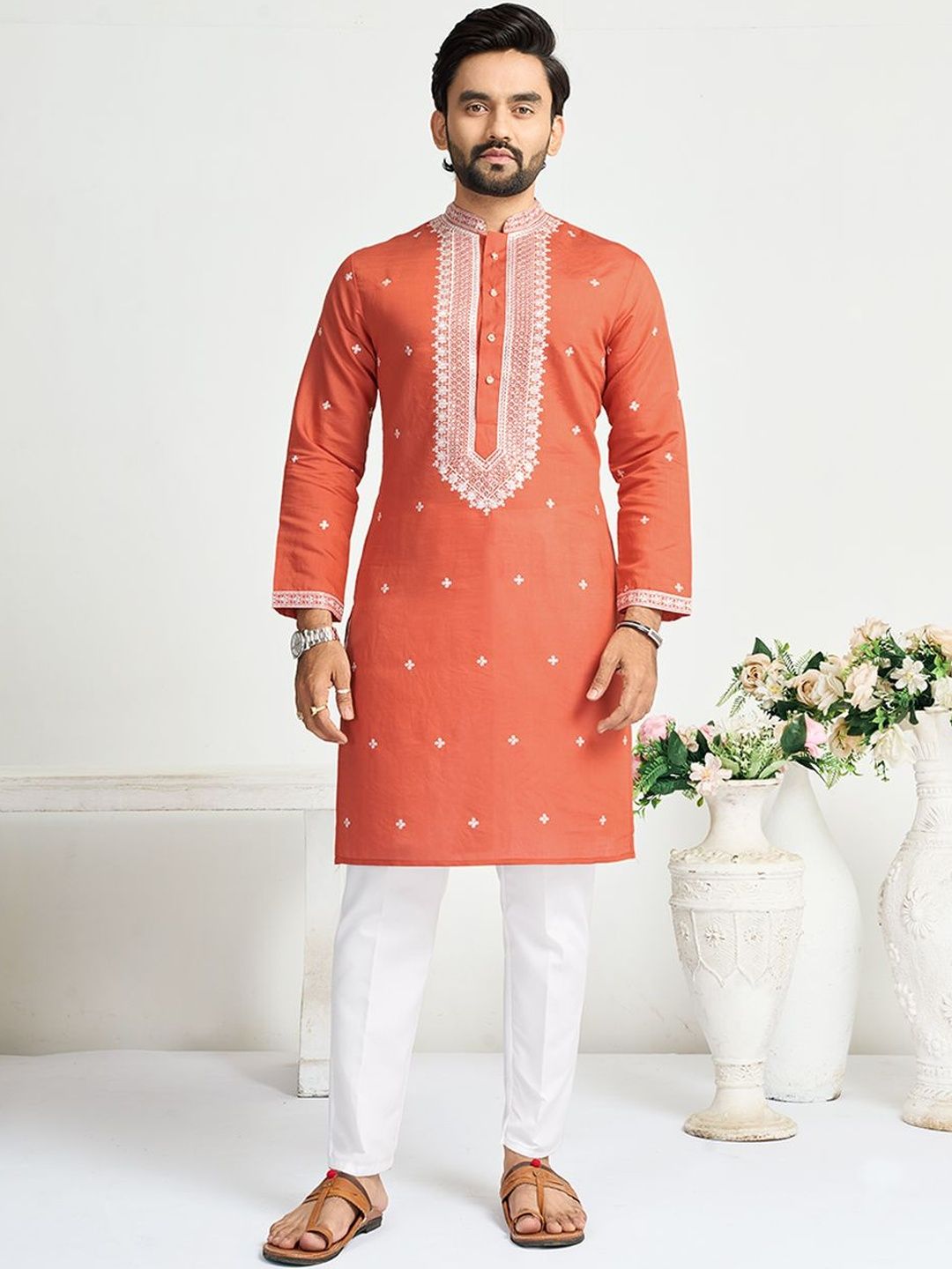 House of Pataudi Embroidered Art Silk Mandarin Collar Knee Length Straight Kurta-picture-34