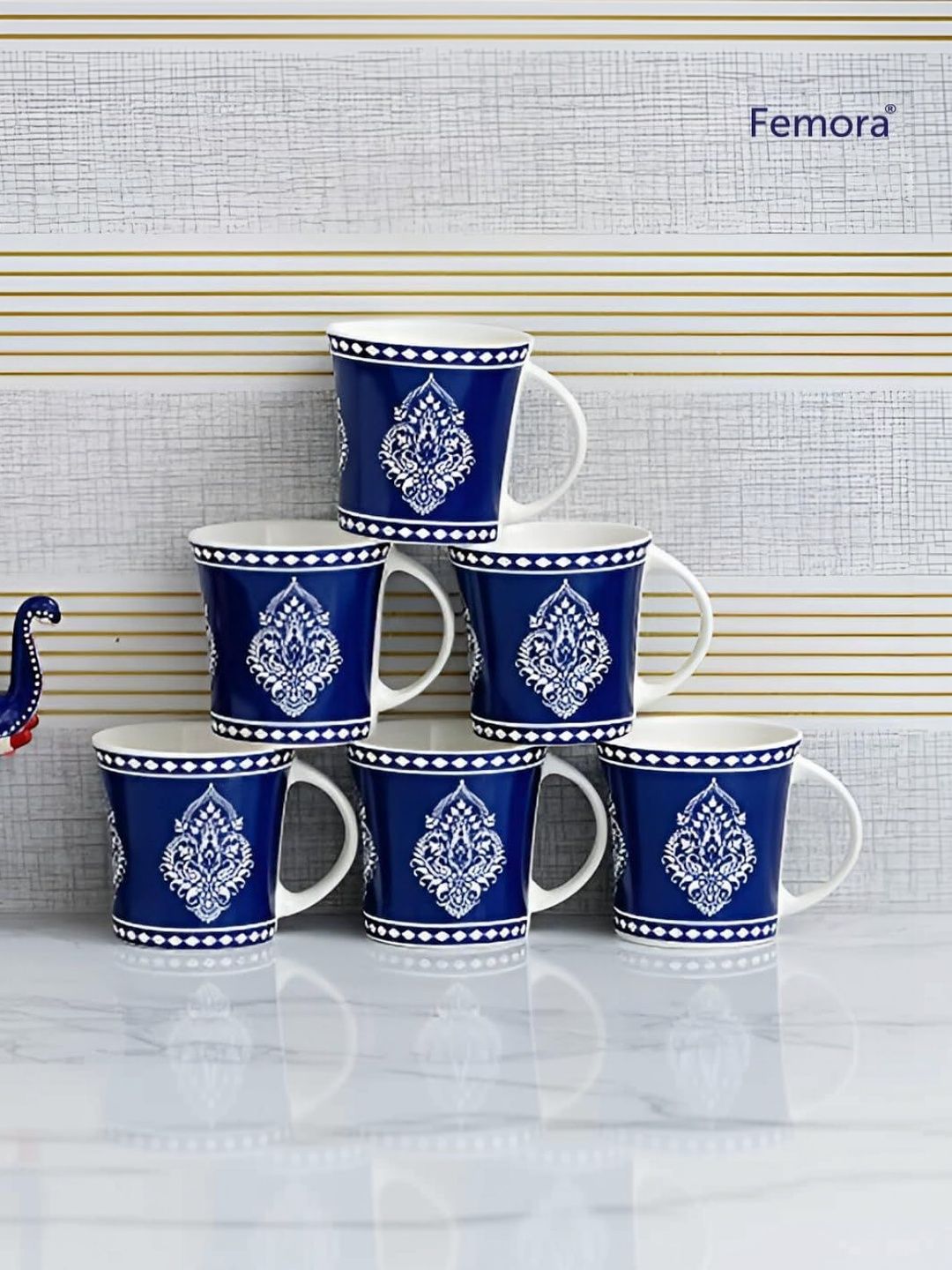Femora White & Navy Blue Ethnic Motifs Ceramic Glossy Cups Set of Cups and Mugs-image-49