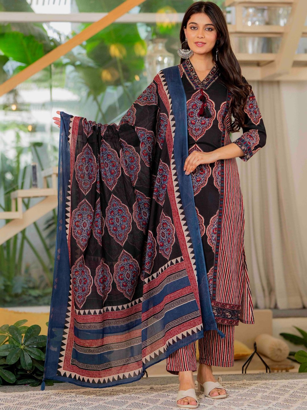 Pistaa Women Ethnic Motifs Printed Regular Thread Work Pure Cotton Kurta with Trousers & With Dupatta-picture-25