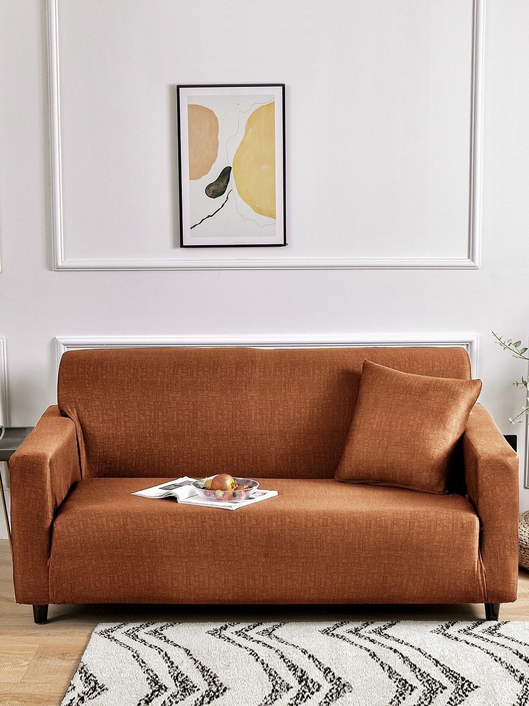 Story@home Orange Printed 3 Seater Stretchable Sofa Cover-image-4