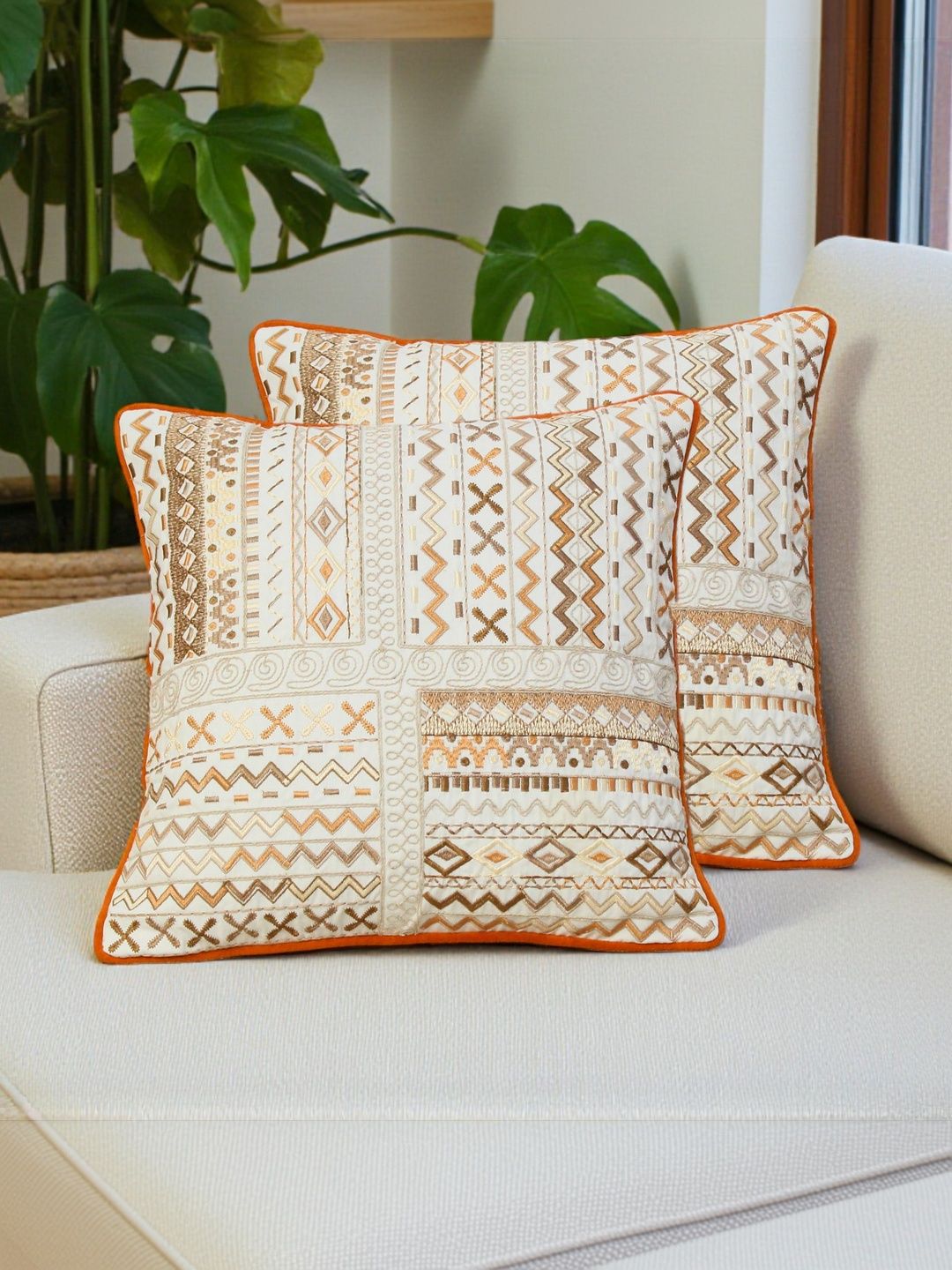 eyda Beige & Brown Set of 2 Geometric Square Cushion Covers-picture-24
