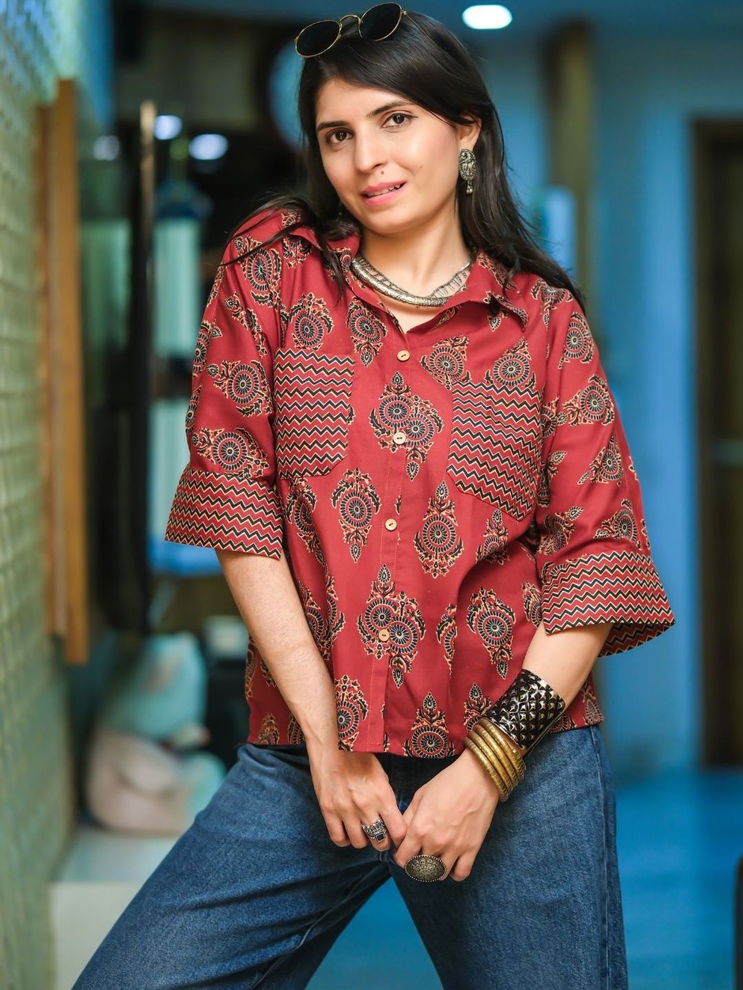 youthnic Rust Ethnic Motif Shirt Collar Short Sleeve Top-picture-21