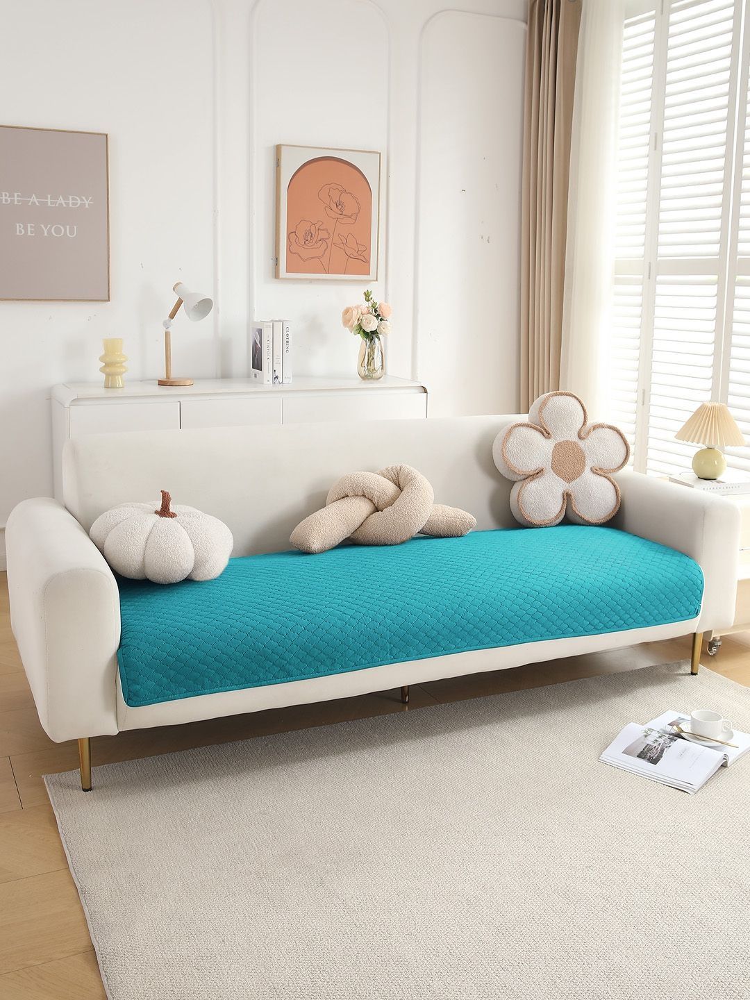 HOKIPO Teal Solid Polyester 1 Piece 2 Seater Sofa Cover Mat-image-40