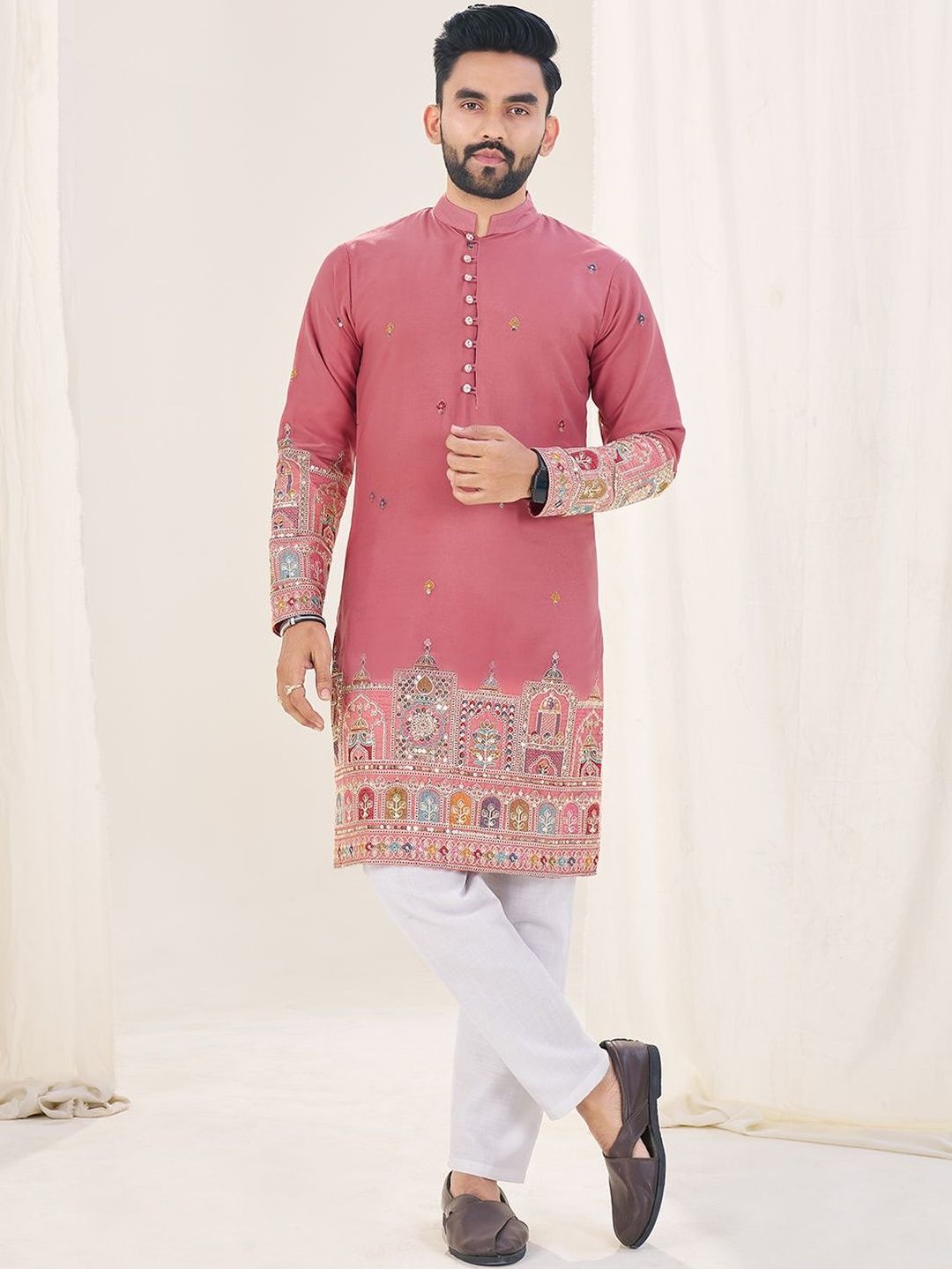 House of Pataudi Men Embroidered Mandarin Collar Neck Straight Kurtas-picture-29