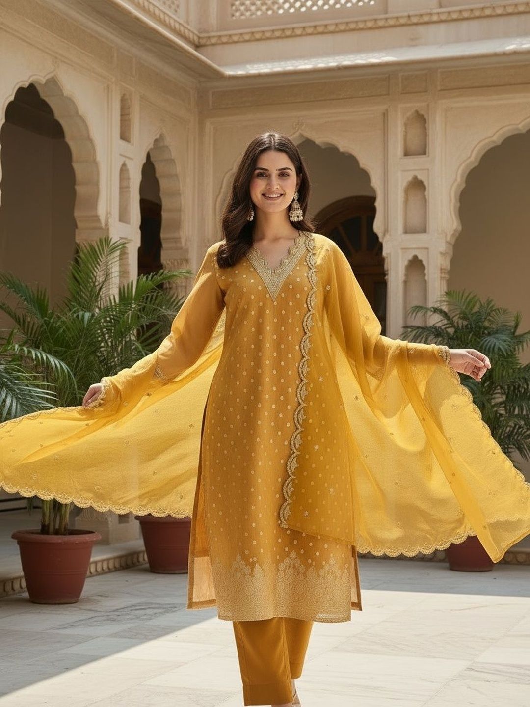 AVANSHEE Women Ethnic Motifs Printed Regular Thread Work Chanderi Cotton Kurta with Trousers & With Dupatta-image-4