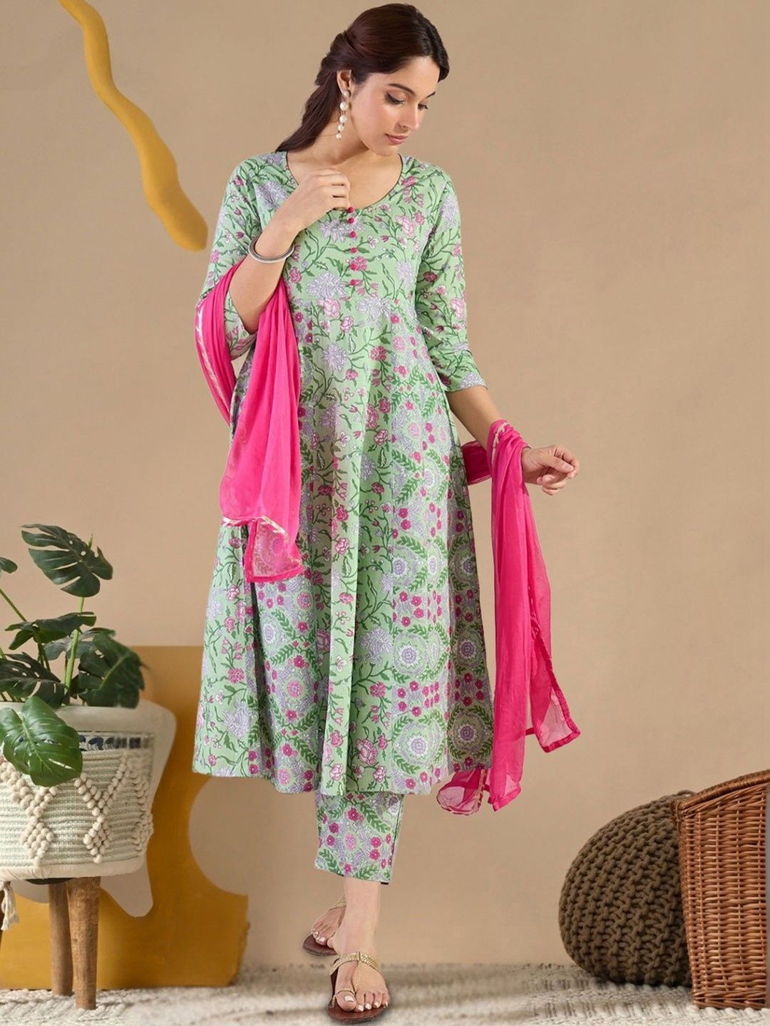 Indo Era Women Floral Printed Panelled Pure Cotton Kurta with Trousers & With Dupatta-picture-16