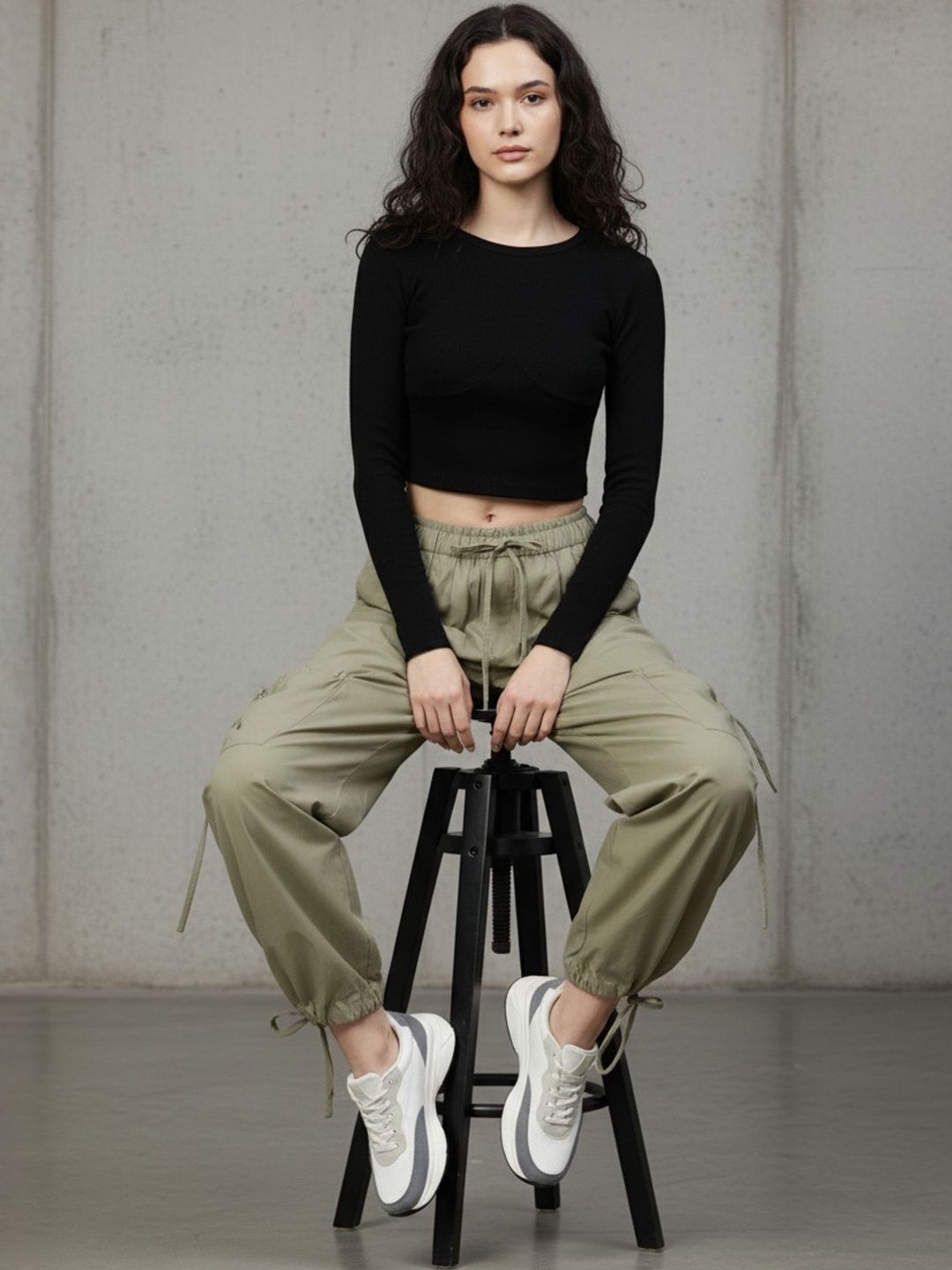 Popnetic Women Sage Green Loose Fit High-Rise Parachute Cargo Trouser-picture-20