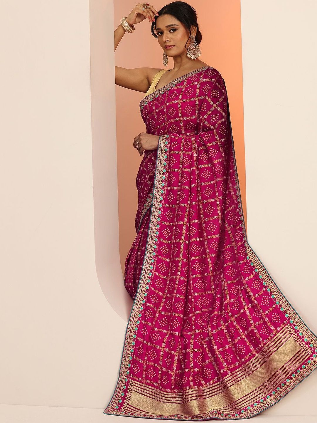 Libas Printed Bandhani Saree With Unstitched Blouse Piece-image-27