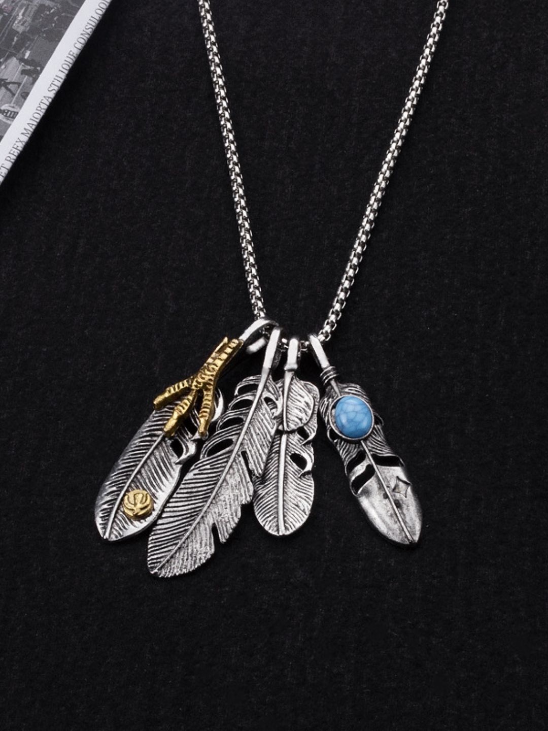 KPOP Men Stainless Steel Silver-Plated Feather Shaped Pendant With Chain-picture-34