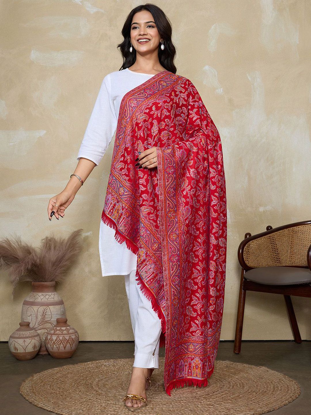 WEAVERS VILLA Floral Woven Design Shawl With Fringed Border-image-24