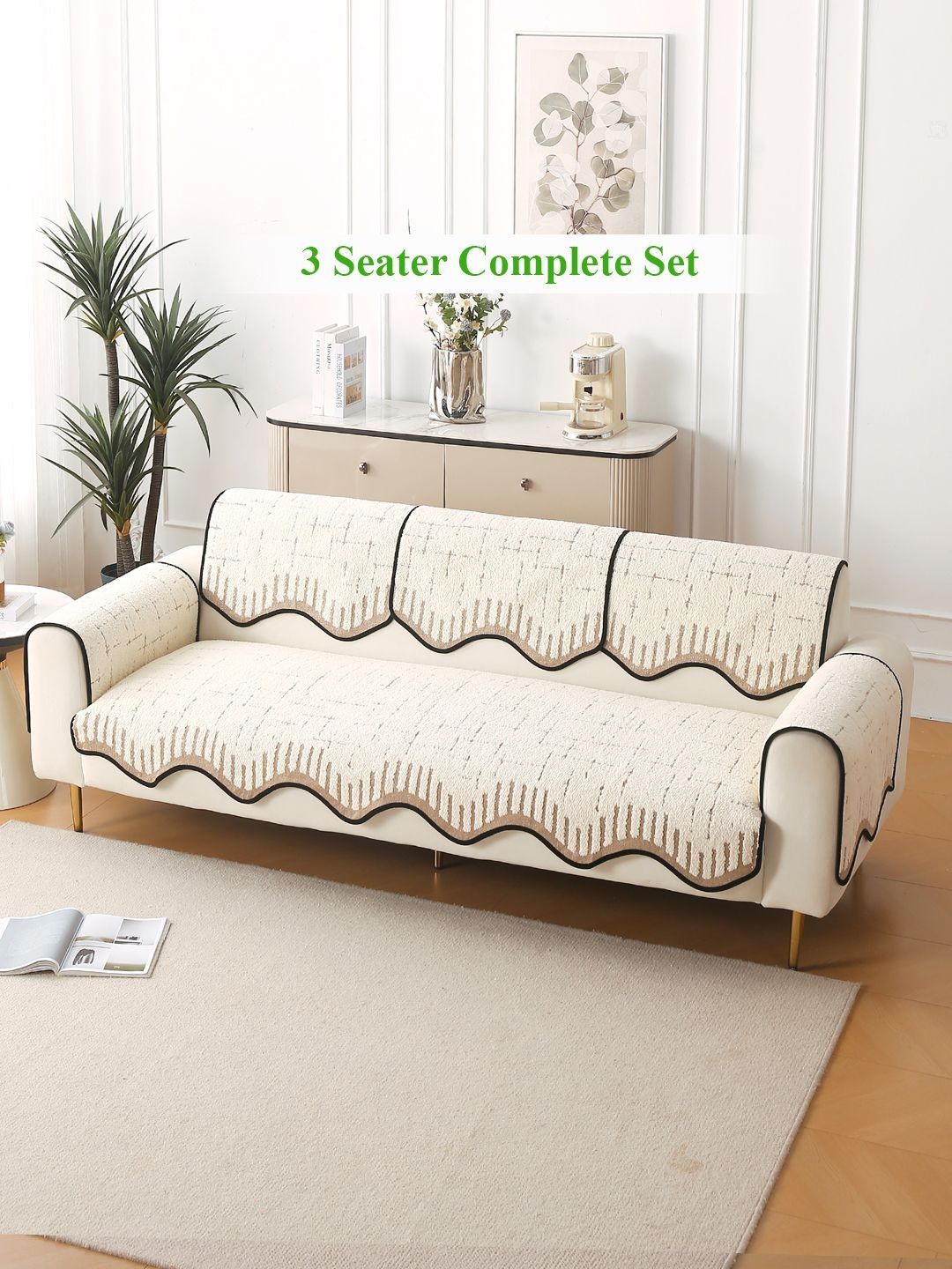 HOKIPO Cream Brown Luxury Supple Sofa Wavy Mat 3 Seater Complete Set-image-2