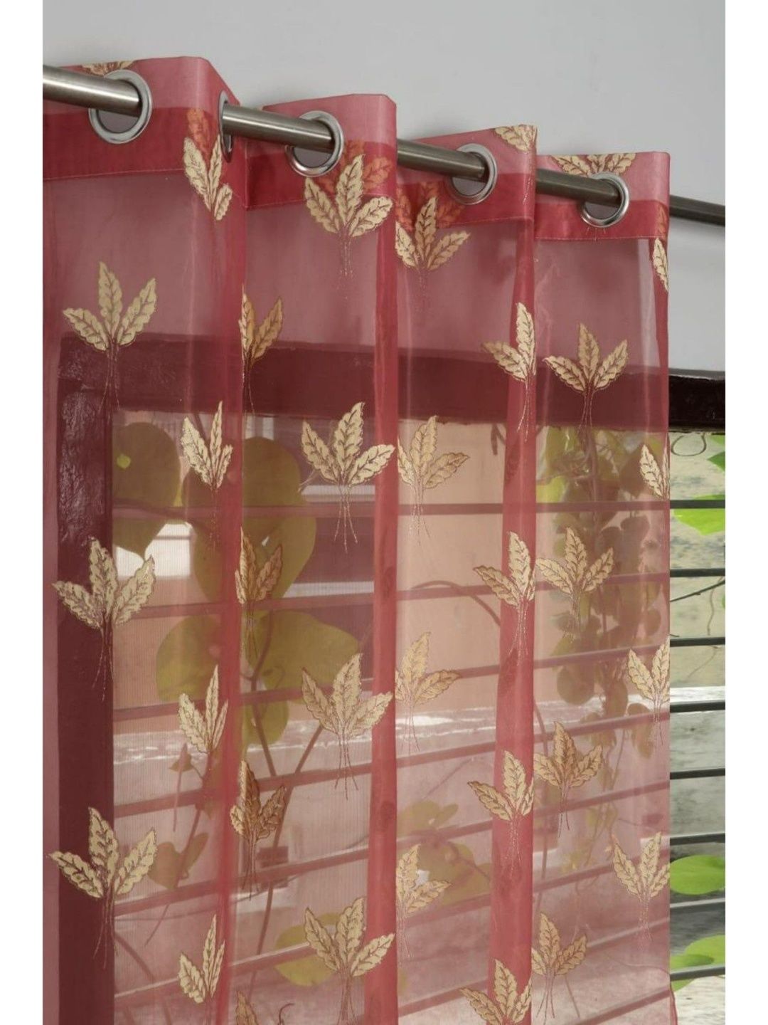 UrbanArts Pink & Gold Single Leaf Embroidered Sheer Window Eyelet Curtain-picture-39