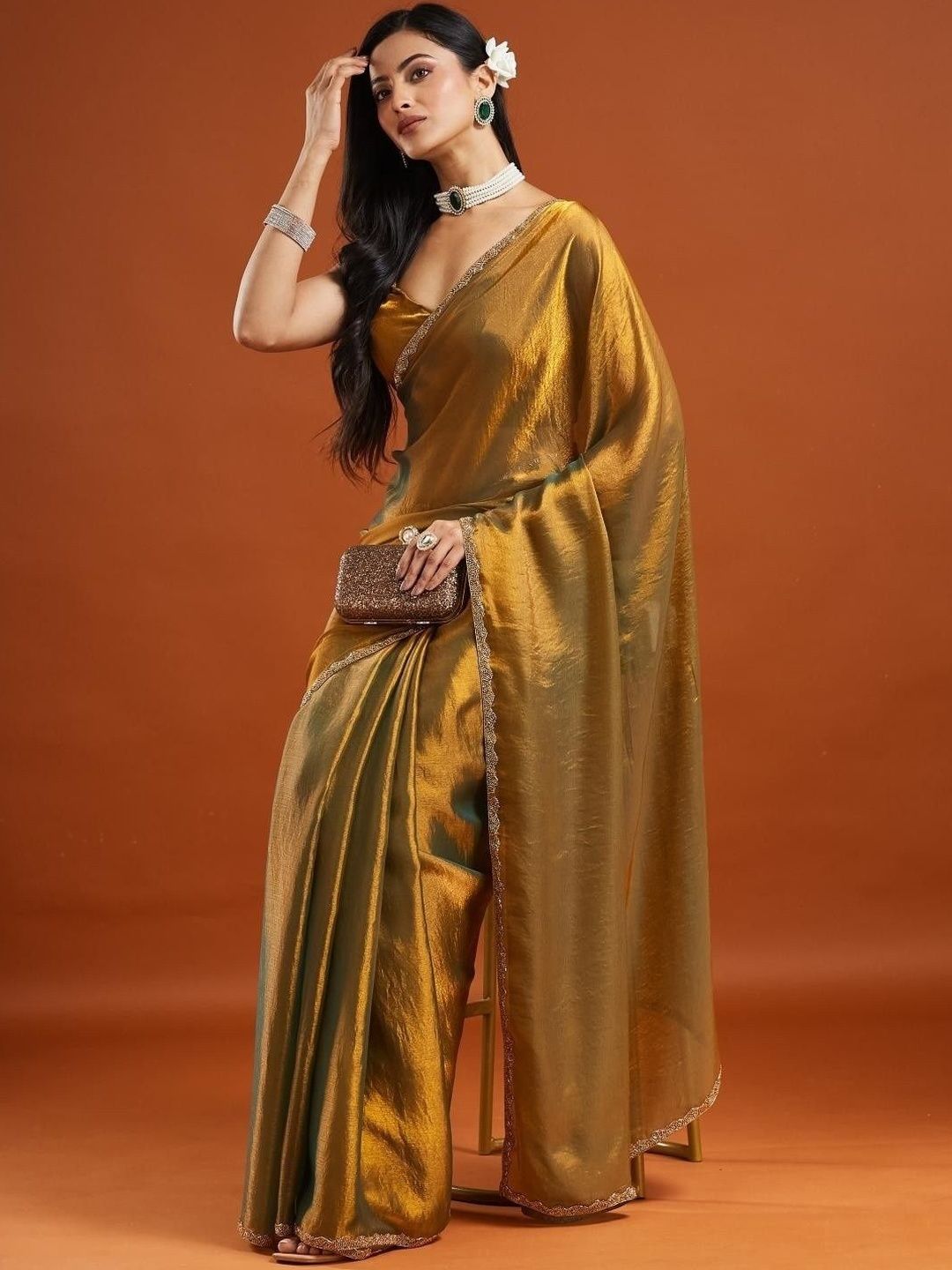 LOROFY Embellished Beads And Stones Border Chanderi Saree with Blouse Piece-picture-27