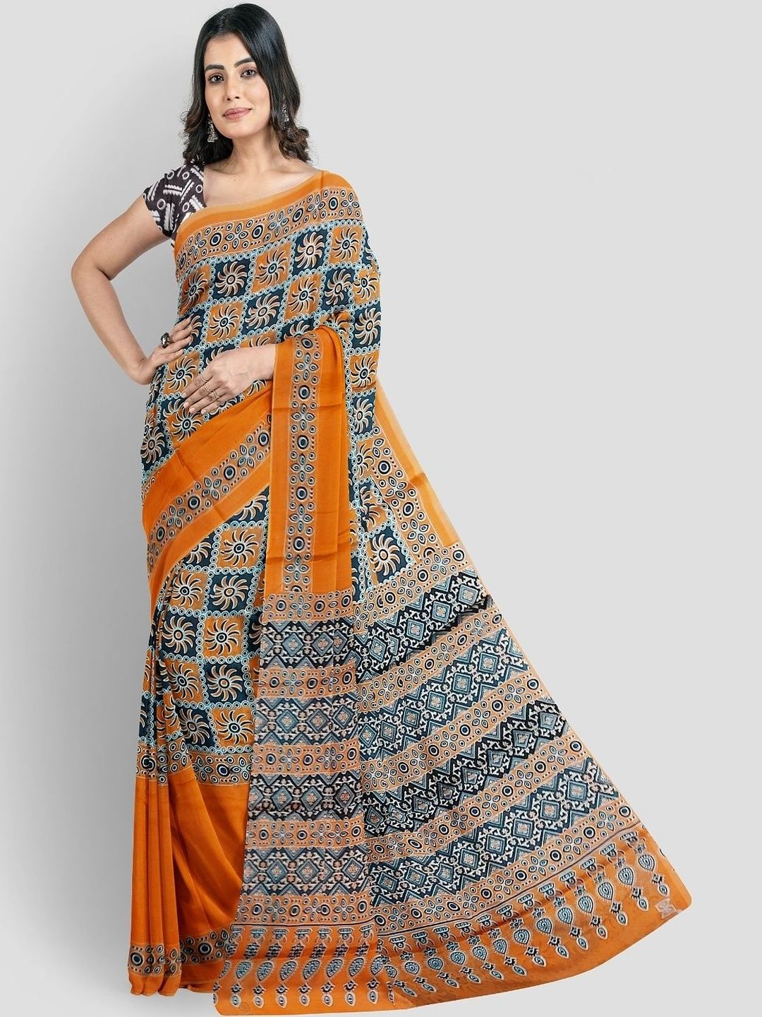 Moda Rapido Women Ajrakh Print Cotton Saree-picture-13