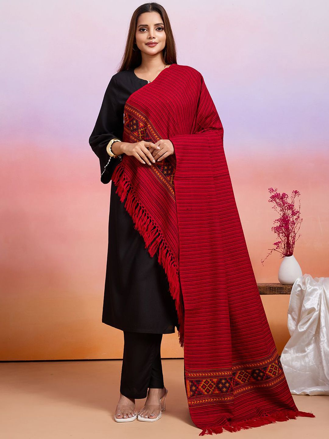 WEAVERS VILLA Striped Woven Design Shawl With Tassels Border-picture-38