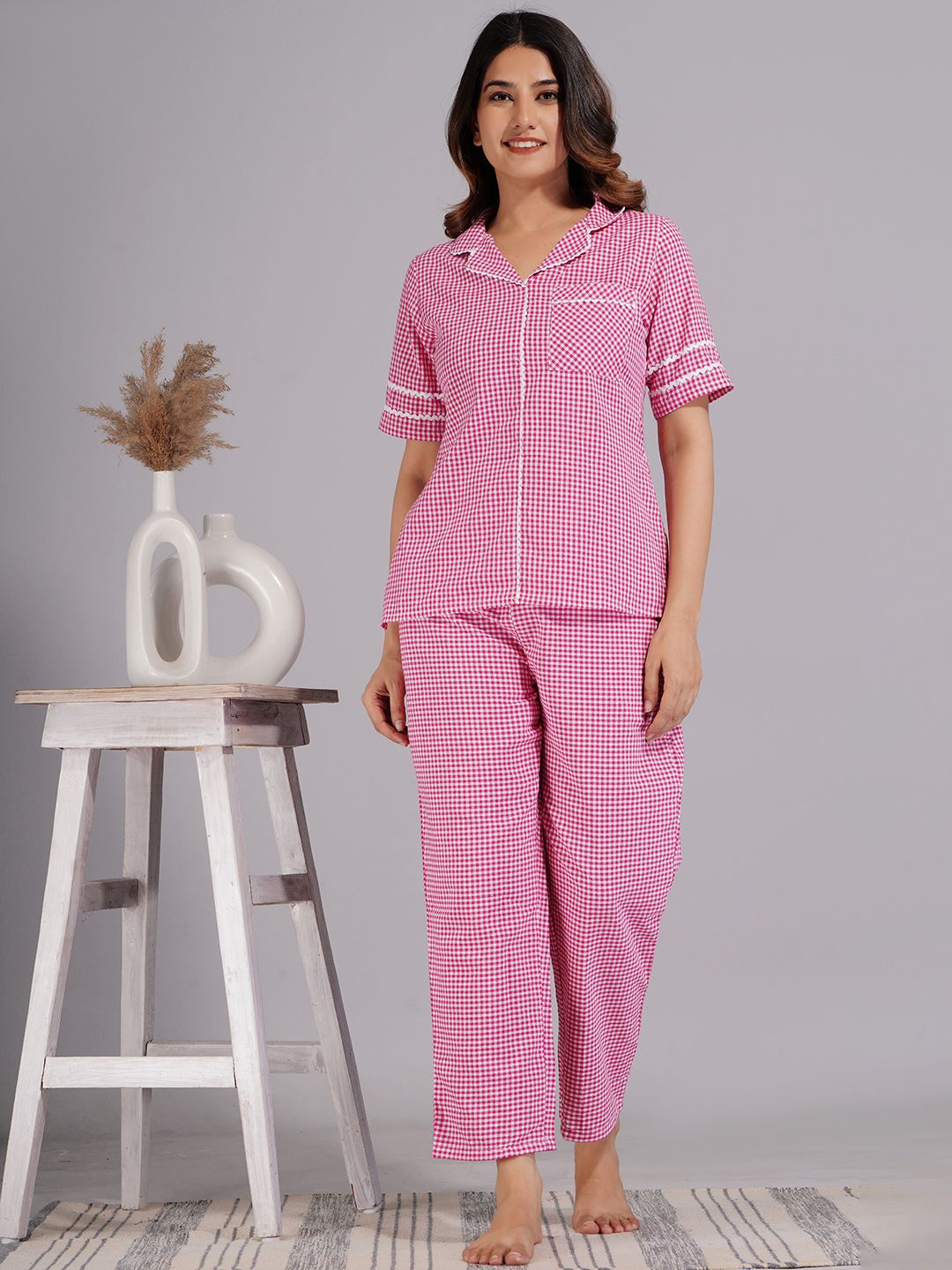 Ameerah Women Checked Lapel Collar Night suit-picture-43