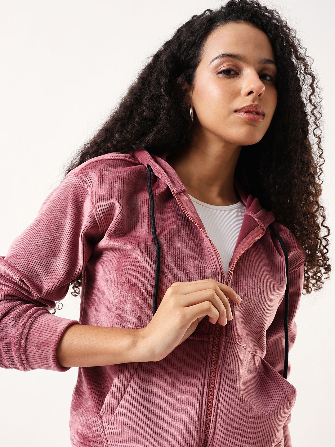 DL Woman Hooded Full Sleeves Lightweight Velvet Open Front Jacket-image-1