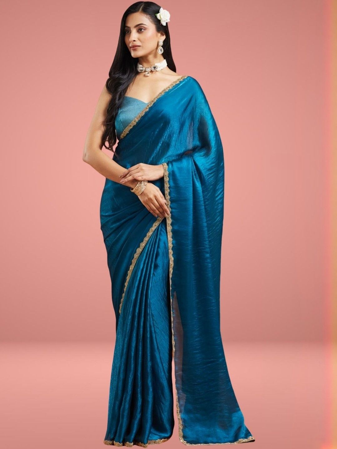 LOROFY Solid Chanderi Saree With Beads and Stones Work Embellished Border-picture-15