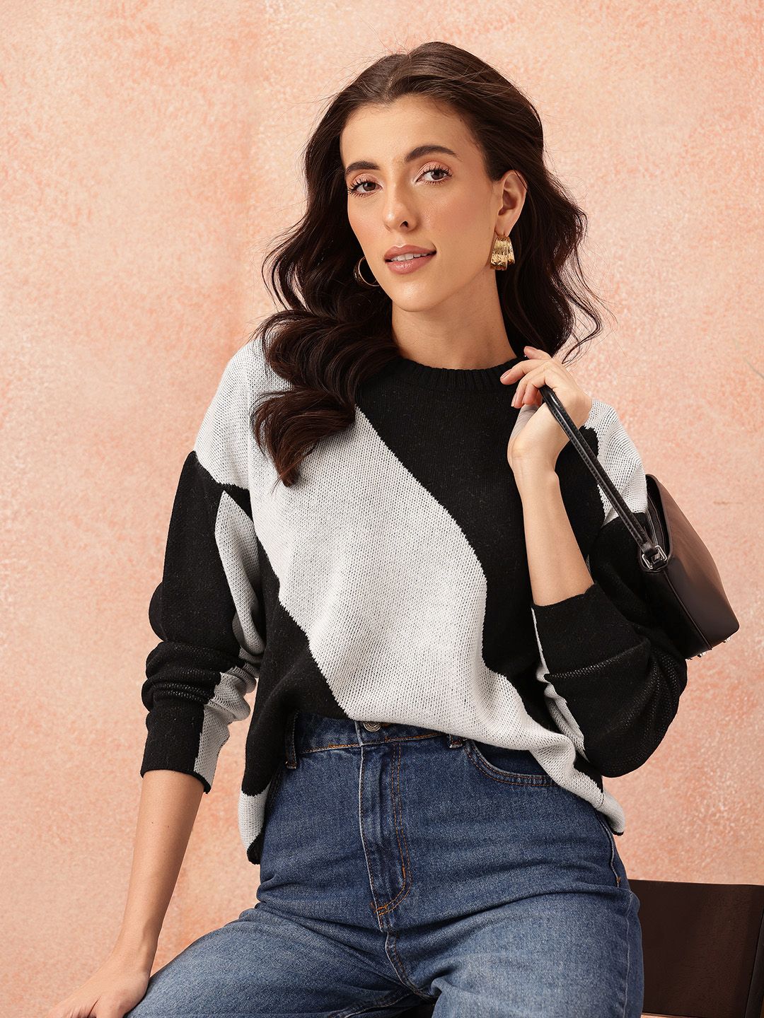all about you Colourblocked Self Design Round Neck Pullover-picture-32