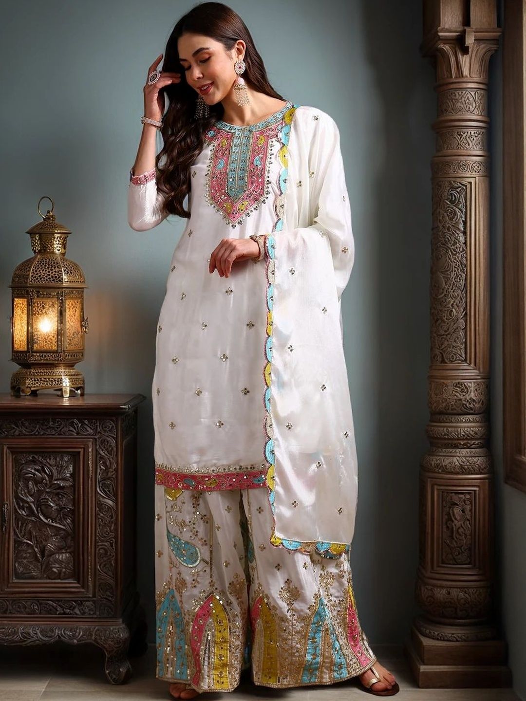 INDIAN POSHAK Women Ethnic Motifs Embroidered Sequinned Kurta With Sharara & Dupatta-picture-13