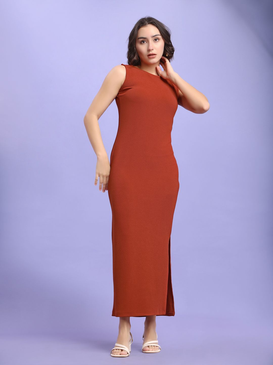 PURVAJA Women Round Neck Side Slits Bodycon Polyester Maxi Dress-picture-19