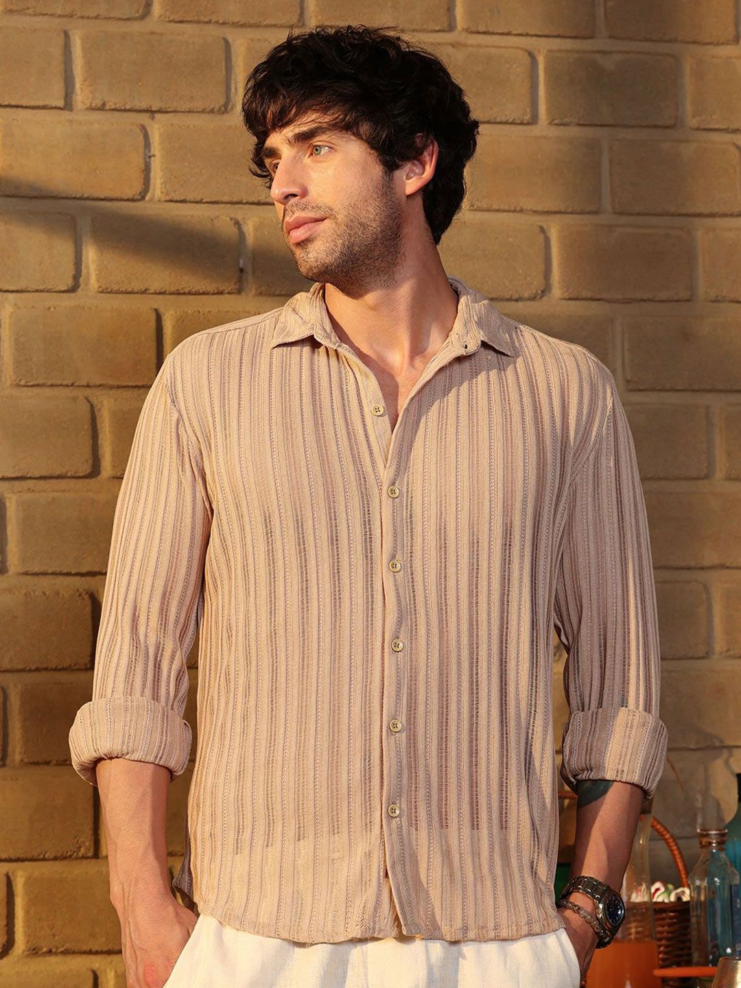 cahoot Campus Sutra Men Comfort Fit Vertical Stripes Self Design Spread Collar Casual Shirt-picture-11